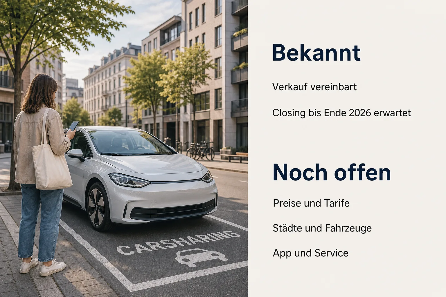 Informationsgrafik mit einer neutralen Carsharing-Szene sowie den Bereichen Bekannt und Noch offen zu Betriebsfragen.