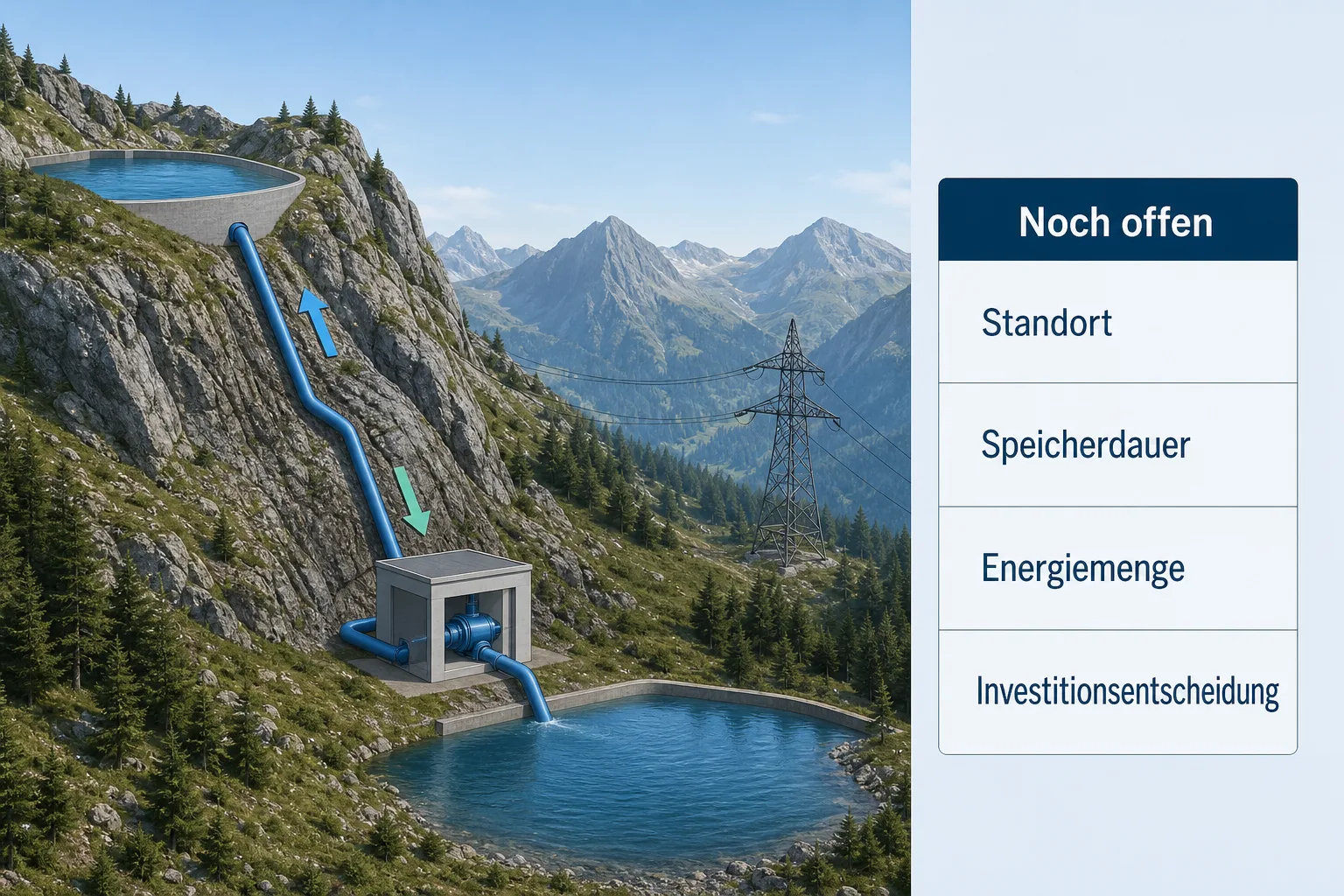 Schnittgrafik eines Pumpspeichers mit oberem und unterem Becken, Rohrleitung und markierten offenen Projektfragen.