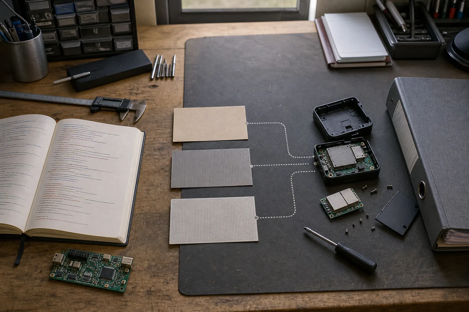 Ein Werkbank-Stillleben zeigt eine neutrale Platine, unlesbare Notizen, drei Karten, ein Modul und einen Aktenordner.