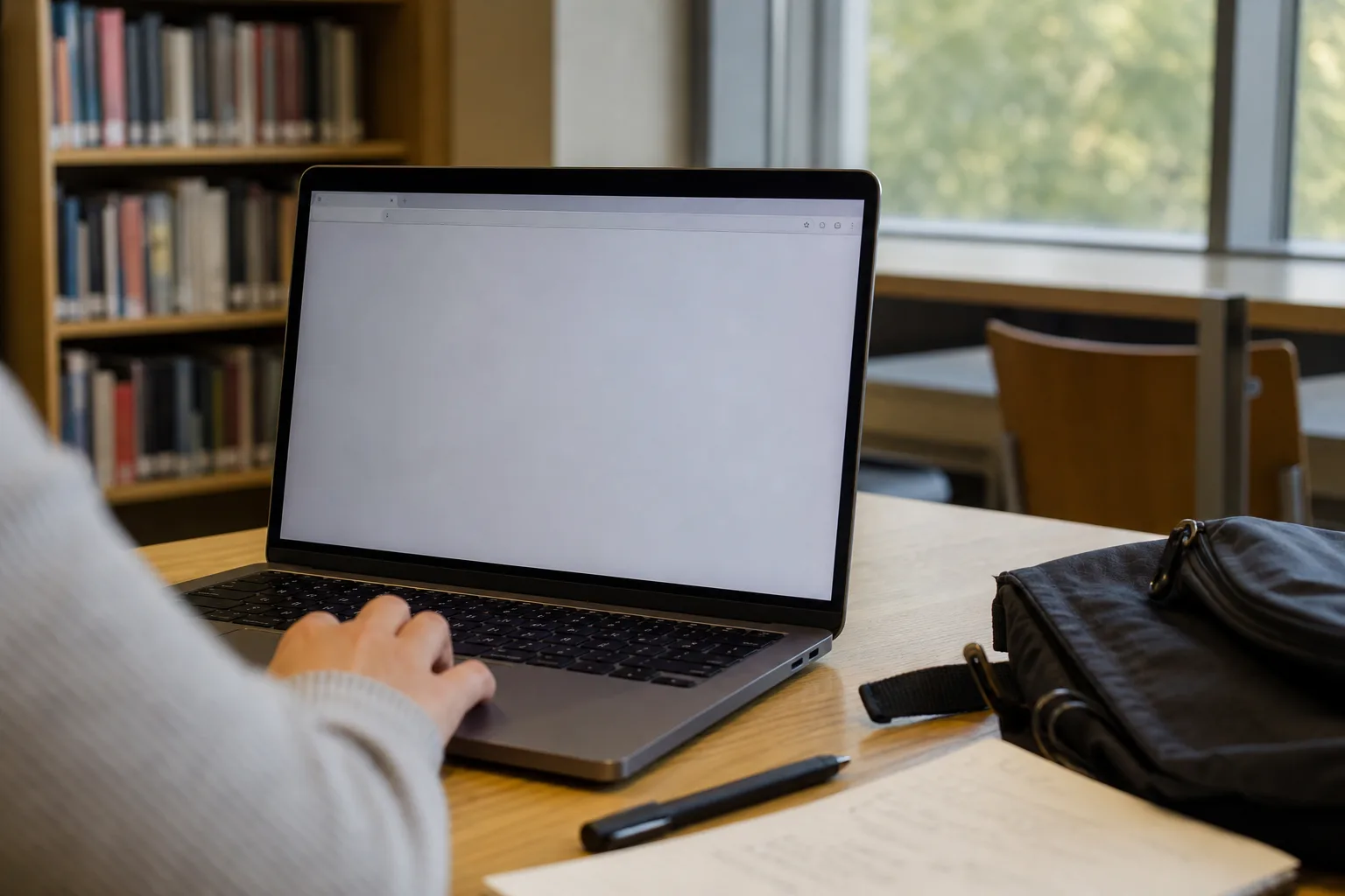 Person beendet an einem gemeinsam genutzten Laptop eine Browser-Sitzung nach einem Videoanruf.