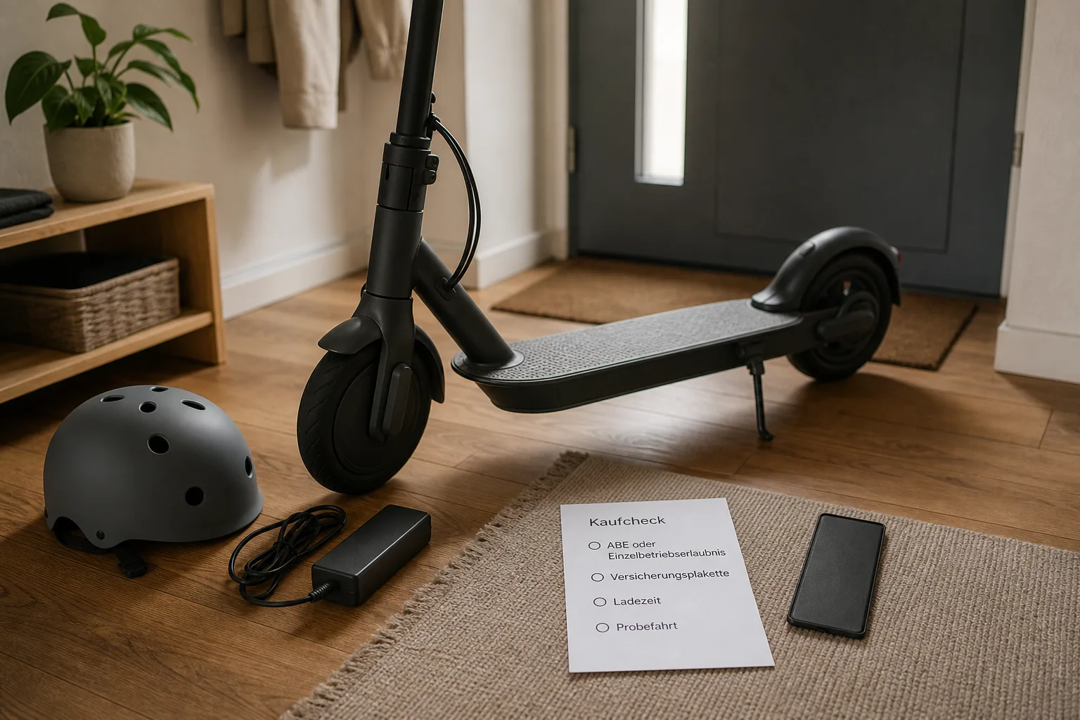 E-Scooter mit Ladegerät, Helm und Papierliste für Zulassung, Ladezeit und Probefahrt.
