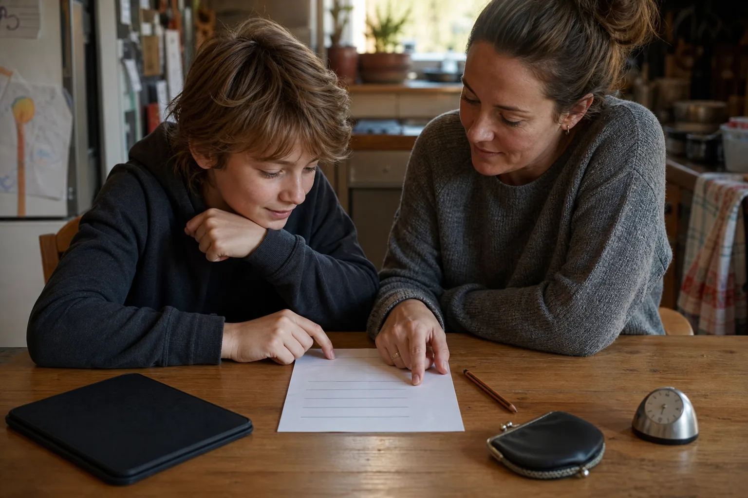 Erwachsene Bezugsperson und Kind besprechen an einem Küchentisch eine handschriftliche Liste neben einem umgedrehten Tablet.