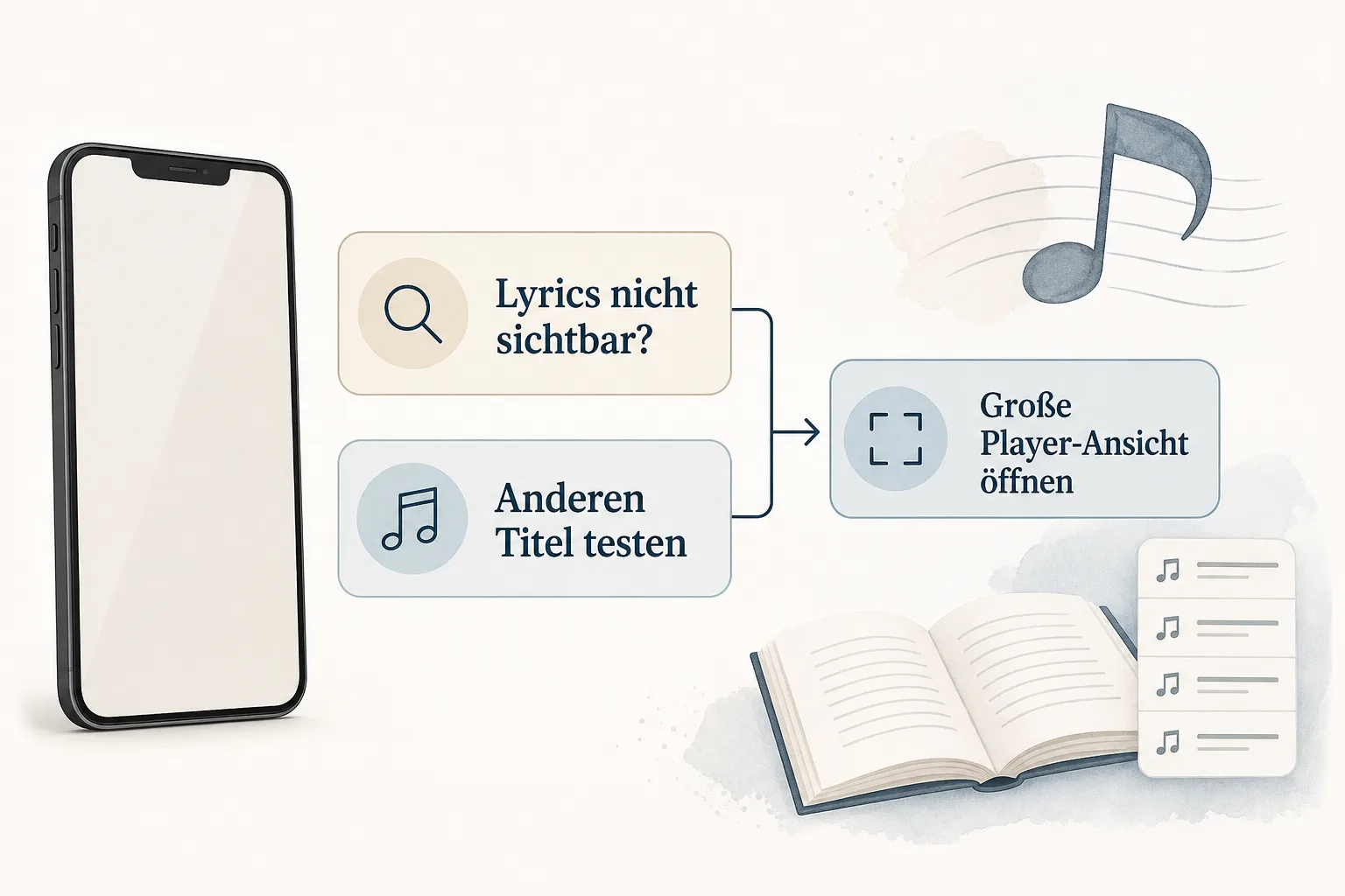 Redaktionelle Illustration empfiehlt, bei fehlenden Lyrics einen anderen Titel und die große Player-Ansicht zu prüfen.