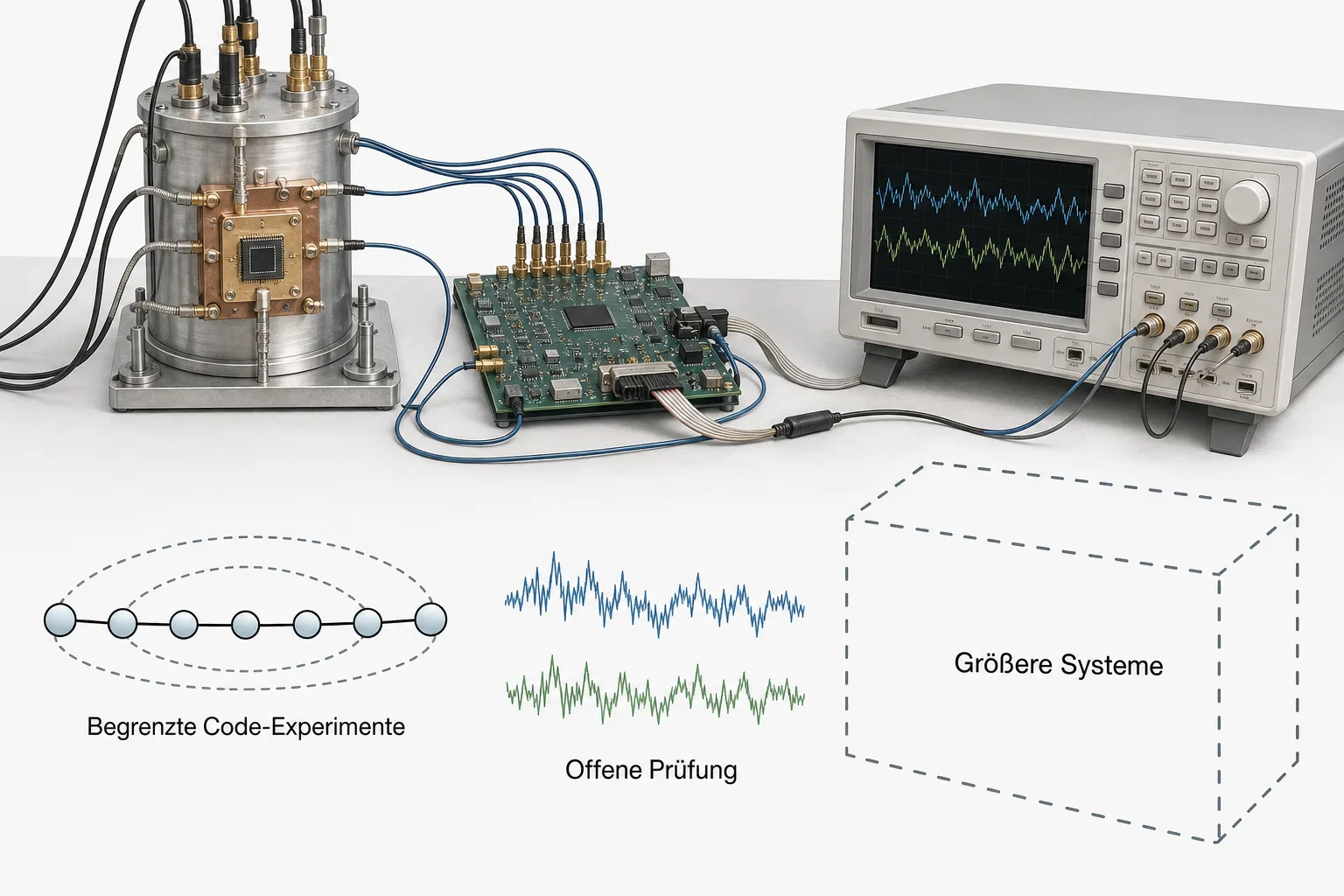 Technische Illustration zeigt einen kryogenen Chipaufbau, begrenzte Code-Experimente und eine gestrichelt dargestellte Prüfung größerer Systeme.