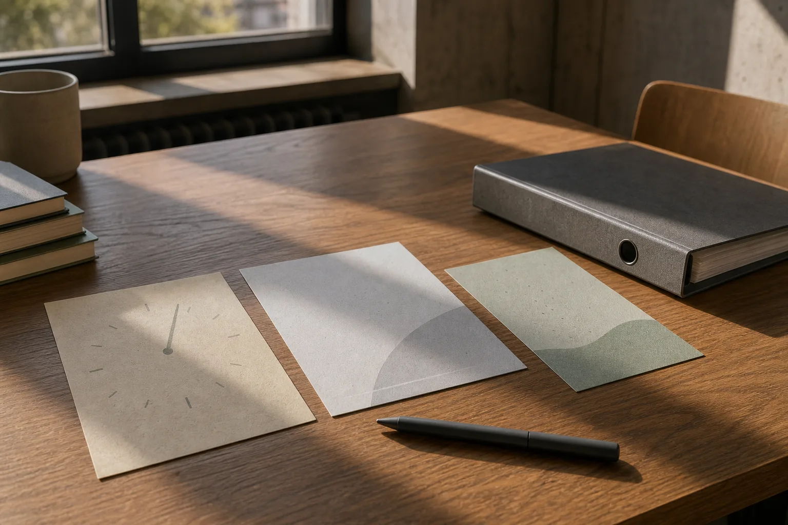 Drei unbeschriftete Papierkarten, ein Stift und ein geschlossener Ordner liegen als ruhige Entscheidungshilfe auf einem Holztisch.