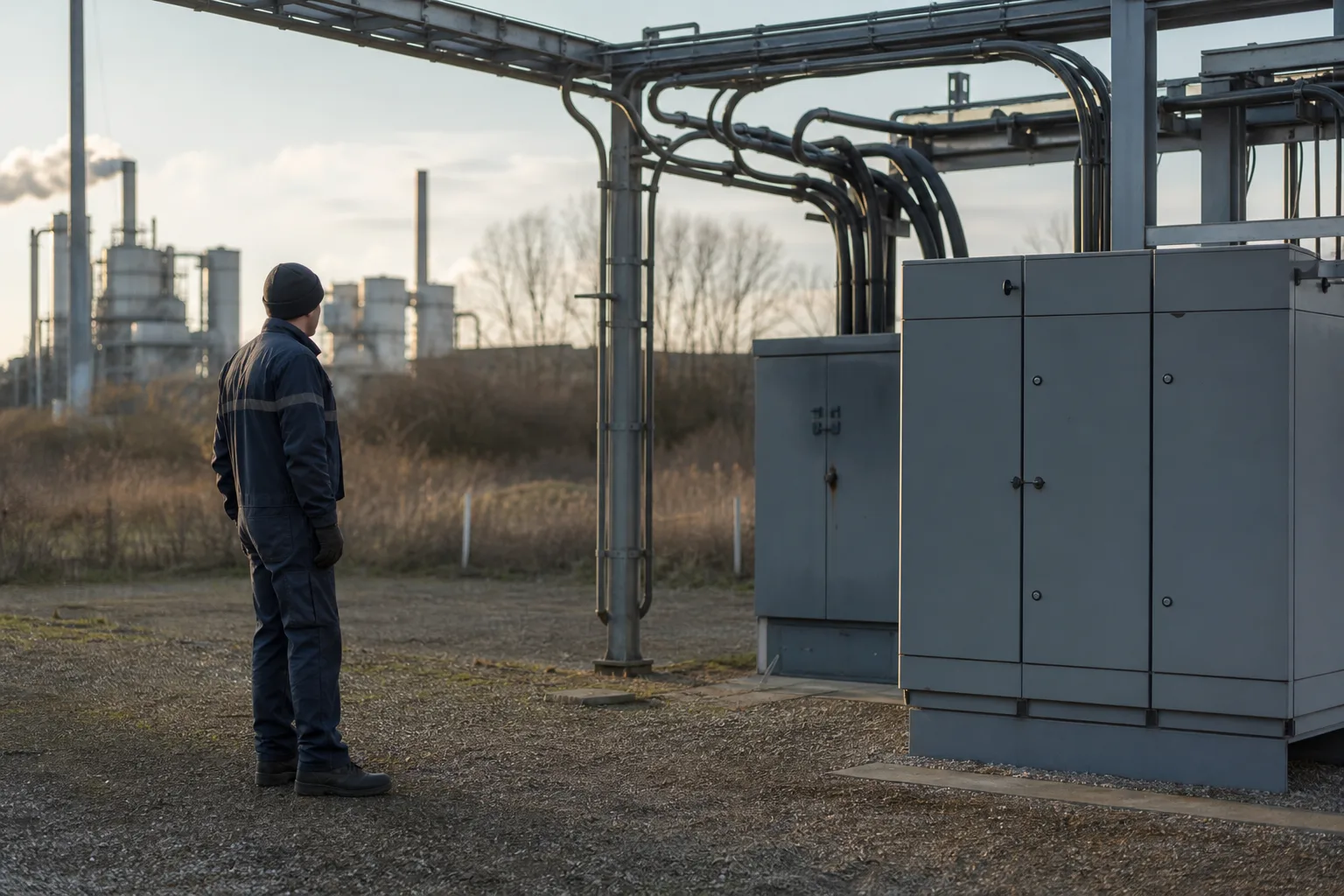 Eine Fachkraft betrachtet an einem neutralen Industrieareal eine unbeschriftete elektrische Verteilanlage und Leitungen bei spätem Tageslicht.