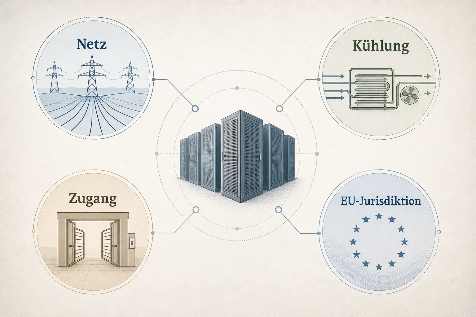 Redaktionelle Grafik verbindet einen neutralen Rechencluster mit Netz, Kühlung, Zugang und EU-Jurisdiktion.