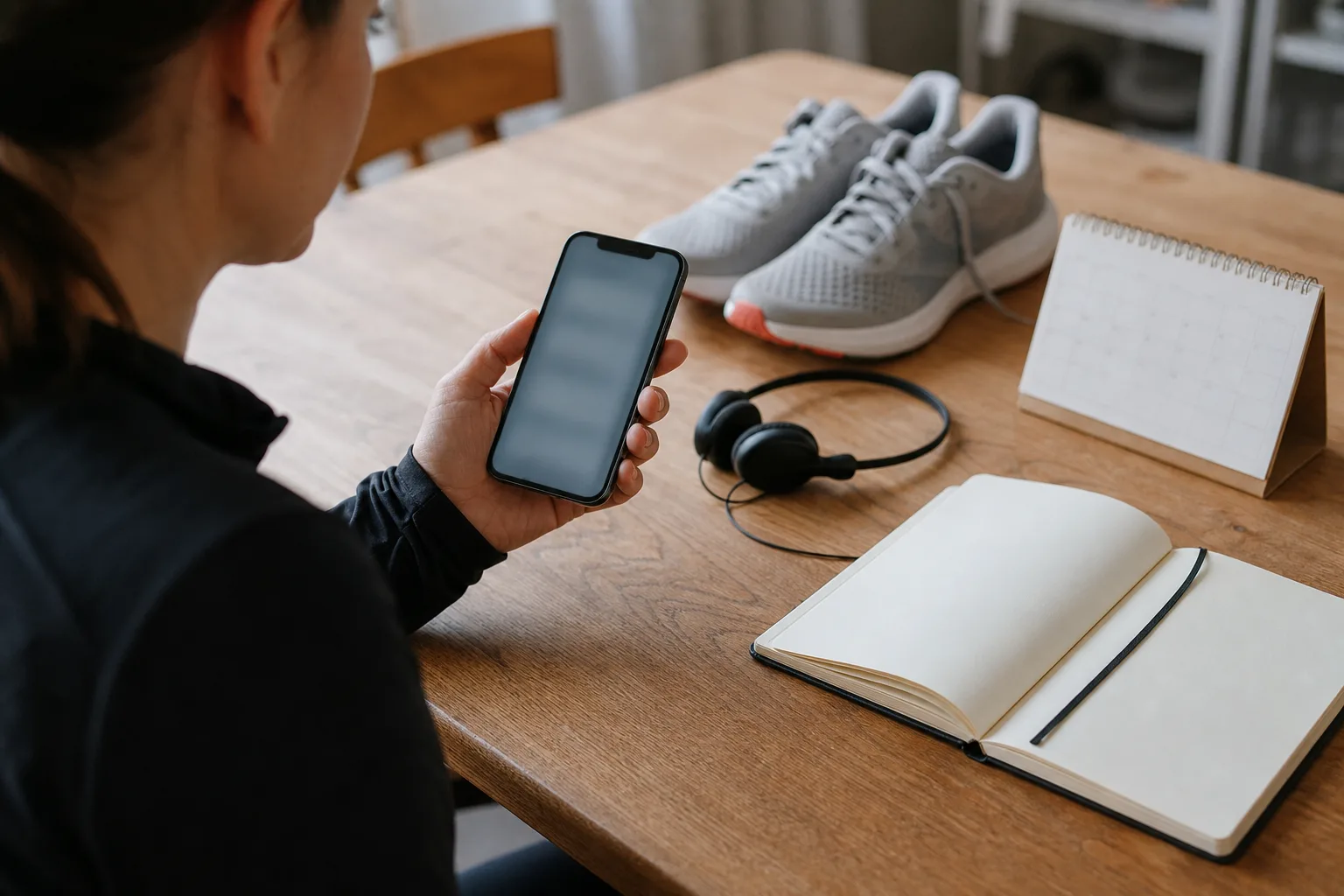 Eine Person in Laufkleidung hält an einem Küchentisch ein Smartphone mit unscharfem Bildschirm; daneben liegen Laufschuhe und ein Notizbuch.