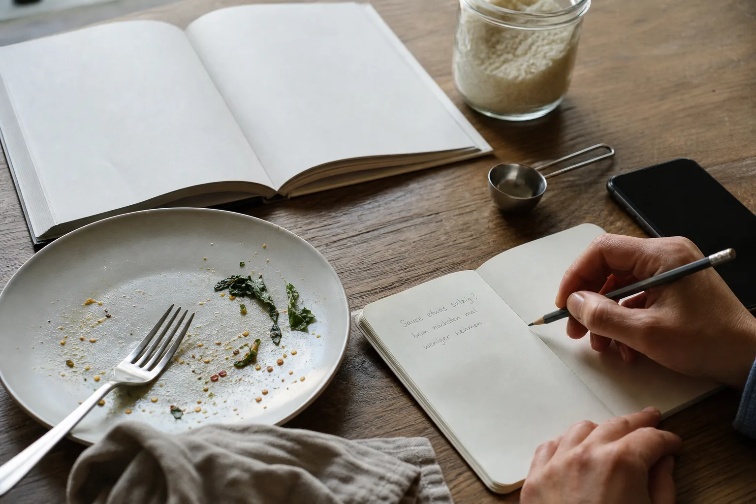 Auf einem Holztisch liegen Mahlzeitreste, ein Rezeptheft, ein Glas, ein Messlöffel, ein dunkles Smartphone und ein Notizbuch.