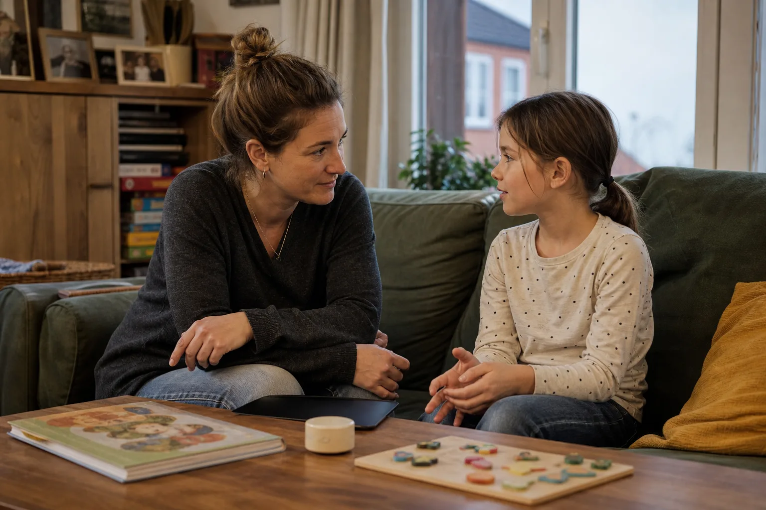 Ein Elternteil und ein Kind sprechen auf einem Sofa; auf dem Tisch liegen ein Bilderbuch, ein Holzpuzzle und ein umgedrehtes Tablet.