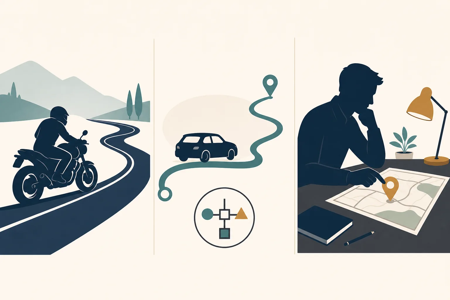 Textfreie Grafik mit getrennten Bereichen für Motorradroute, allgemeine Navigation und menschliche Kartenprüfung.