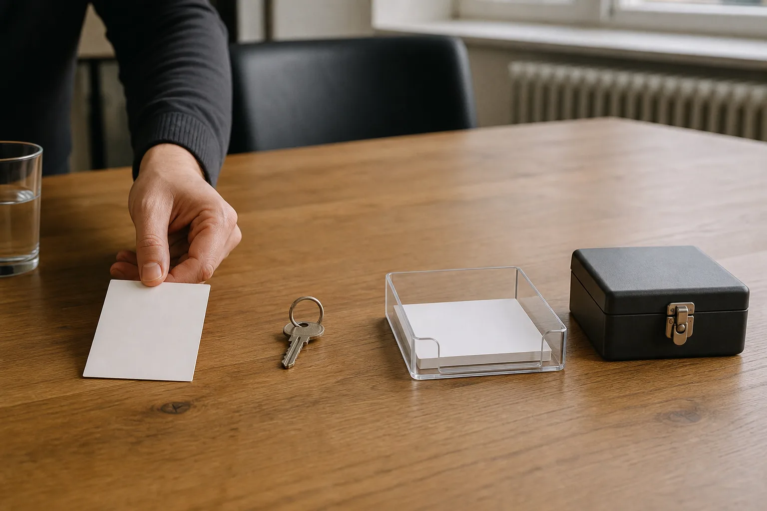 Eine Hand legt eine neutrale Freigabekarte neben einen einzelnen Schlüssel, eine getrennte Ablage und eine geschlossene Box.