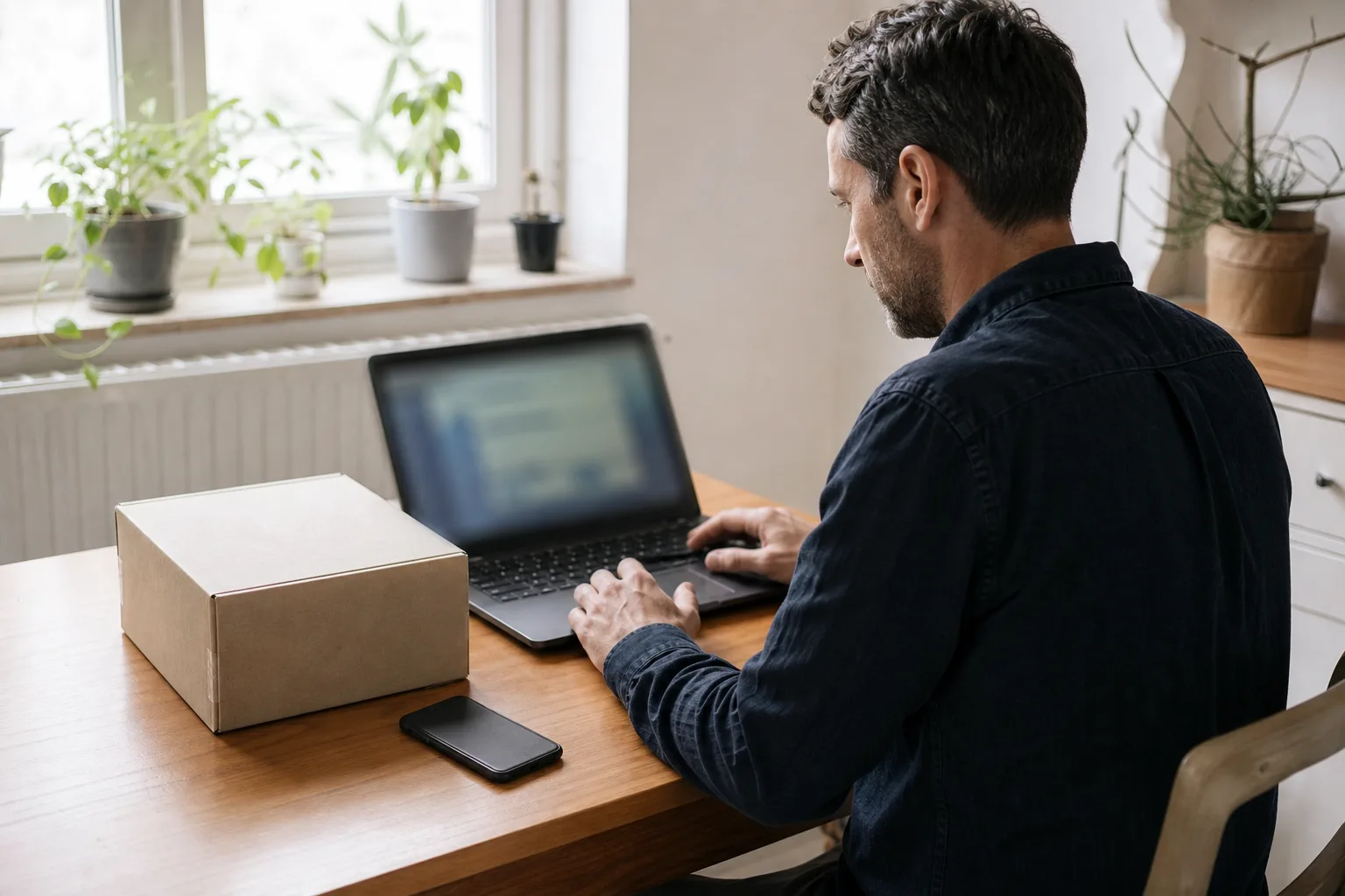 Eine Person lässt ein Smartphone mit dunklem Display liegen und prüft an einem Laptop neben einem Paket den Sendungsstatus; der Bildschirm ist unlesbar.