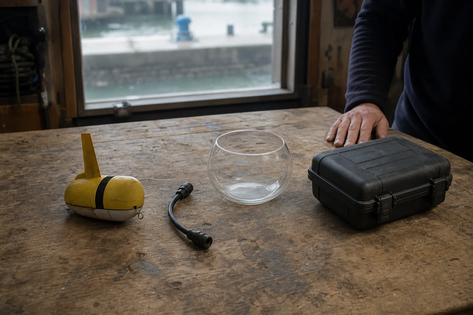 Auf einer unmarkierten Werkbank liegen getrennt ein kleines Schwimmelement, ein unverbundenes Kabel, eine einfache leere transparente Schale und ein geschlossener Wartungskoffer.