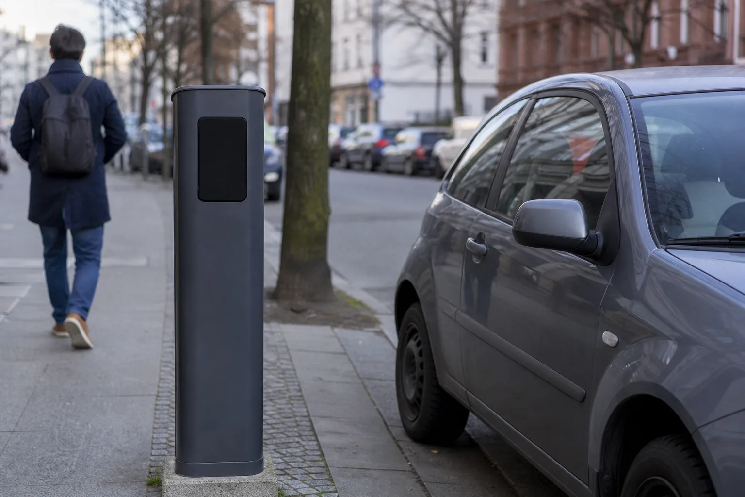 Eine Person geht an einer unmarkierten Ladesäule und einem geparkten kompakten Auto vorbei; das Display der Säule bleibt dunkel.