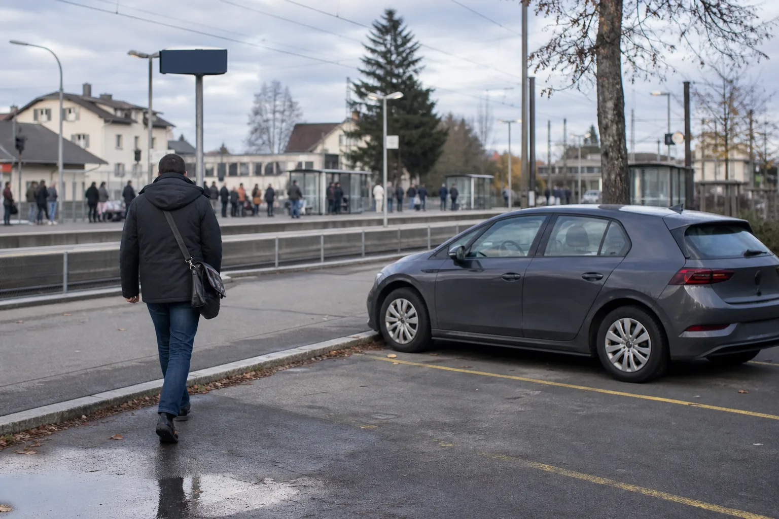 Eine Pendlerin oder ein Pendler geht zu einem Bahnsteig; im Hintergrund steht ein unmarkierter Plug-in-Hybrid auf einem gewöhnlichen Parkplatz.