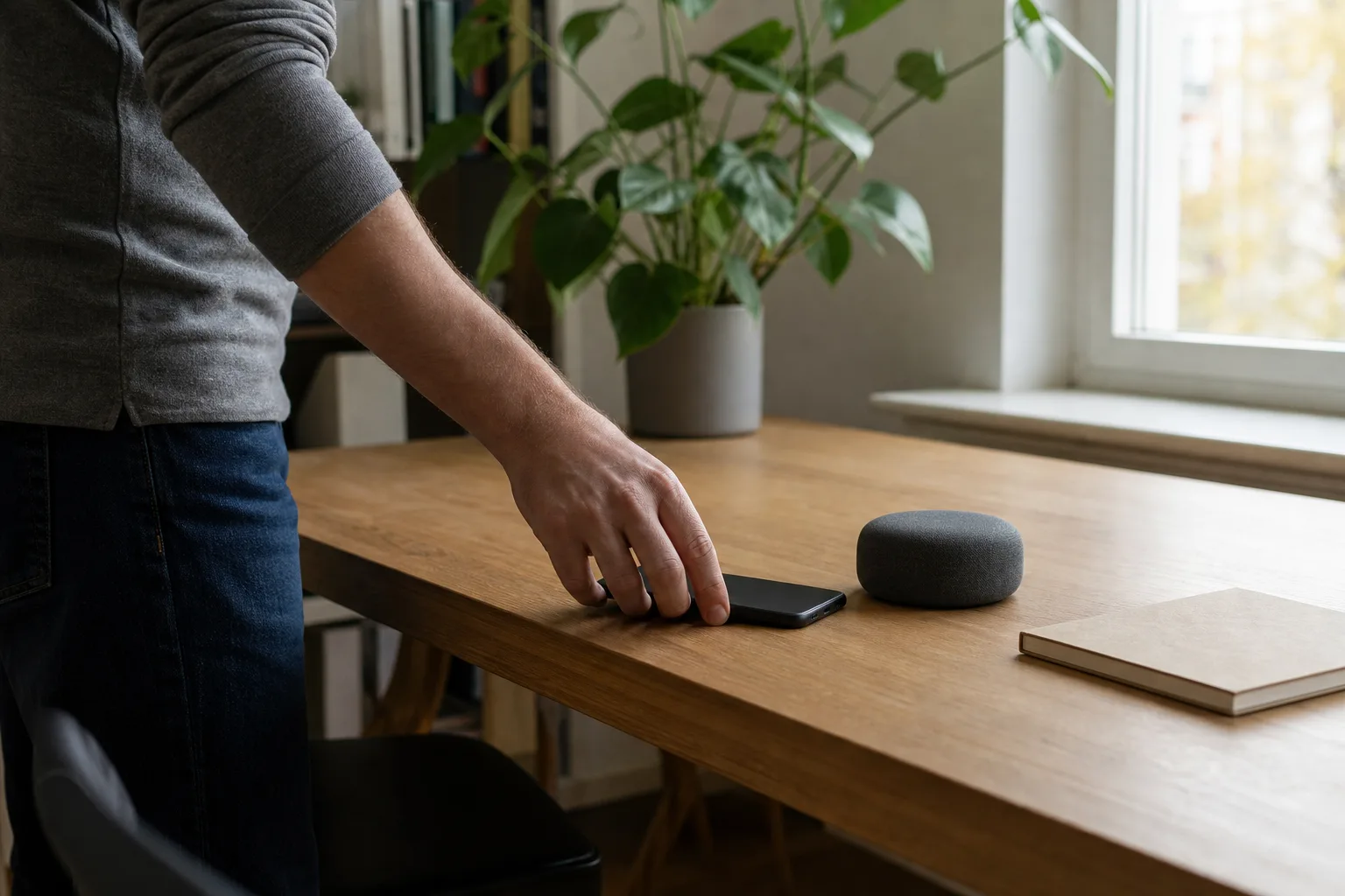 Eine Person legt in einem hellen Arbeitszimmer ein unmarkiertes Smartphone neben ein neutrales, unbeschriftetes Gerät.