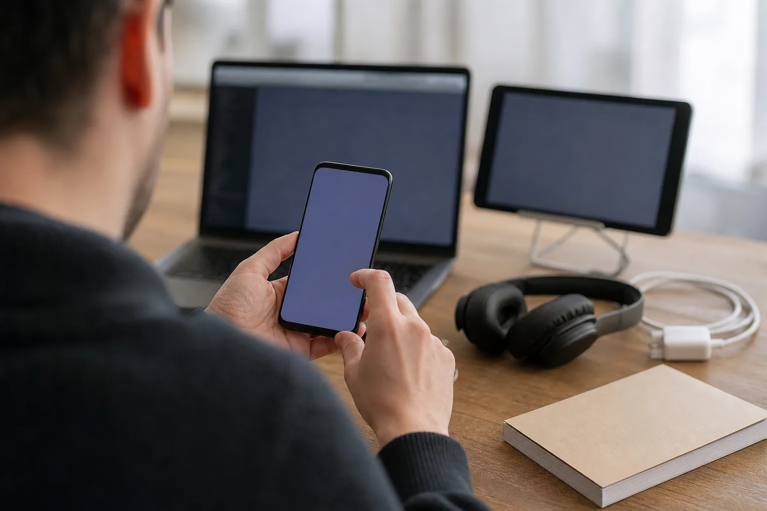 Entwickler prüft eine App auf einem neutralen Smartphone an einem unmarkierten Arbeitsplatz.