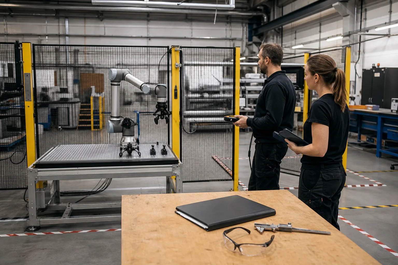 Zwei Fachleute prüfen einen stillstehenden Roboterarm aus Sicherheitsabstand in einer abgegrenzten Werkstatt-Testzone.