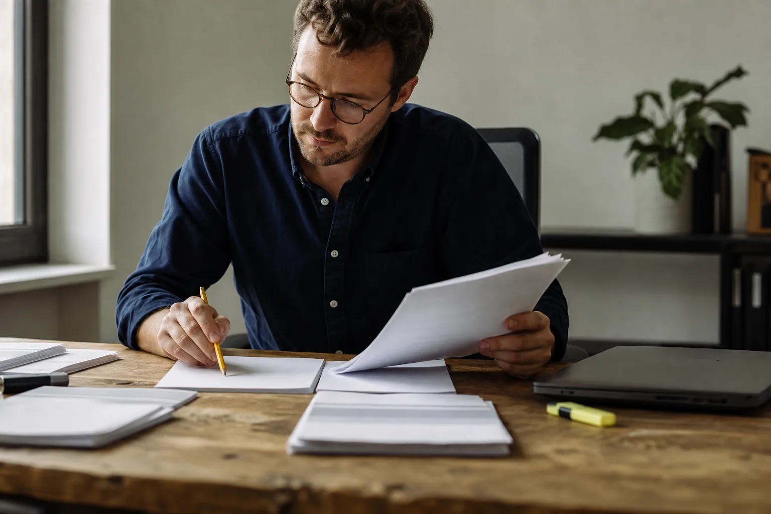 Eine analysierende Person vergleicht Unterlagen und eine Checkliste bei der Abnahme eines KI-Piloten.