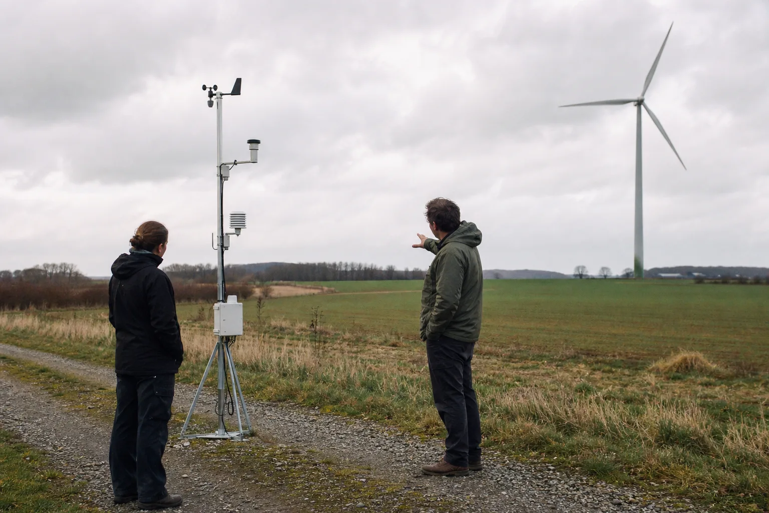 Zwei Fachleute an einer Wetterstation mit Windturbine im Hintergrund als Illustration für die Planungseinordnung von WICLEAN.