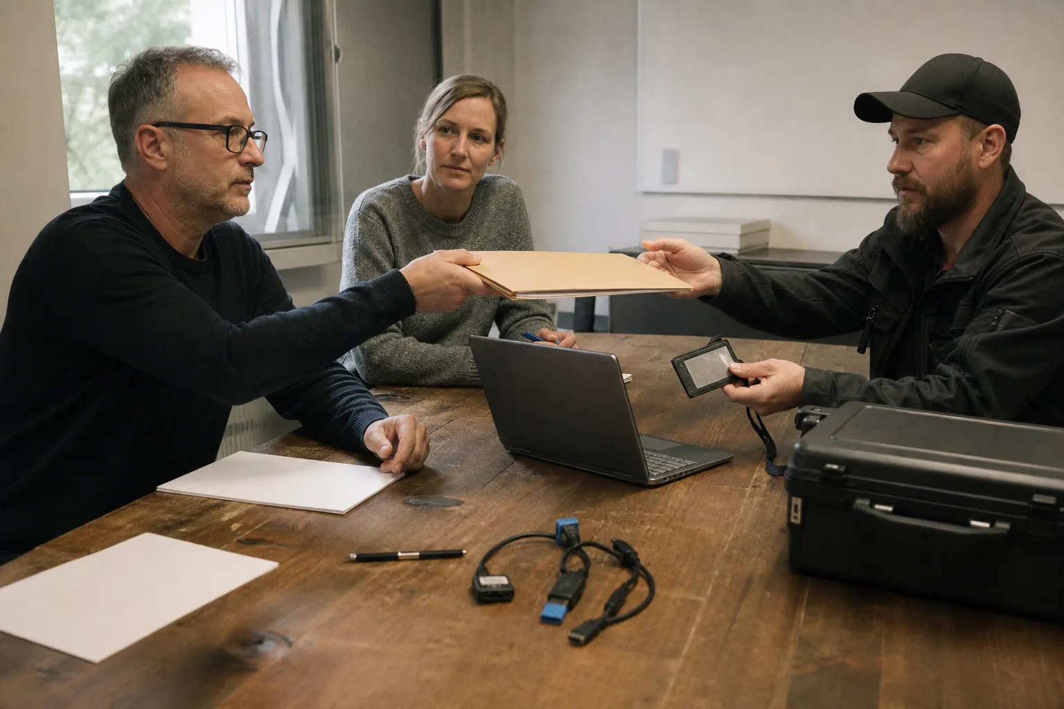 Drei Fachleute besprechen in einer repräsentativen Arbeitsszene die Übergabe von IT-Support und Vertragsunterlagen.