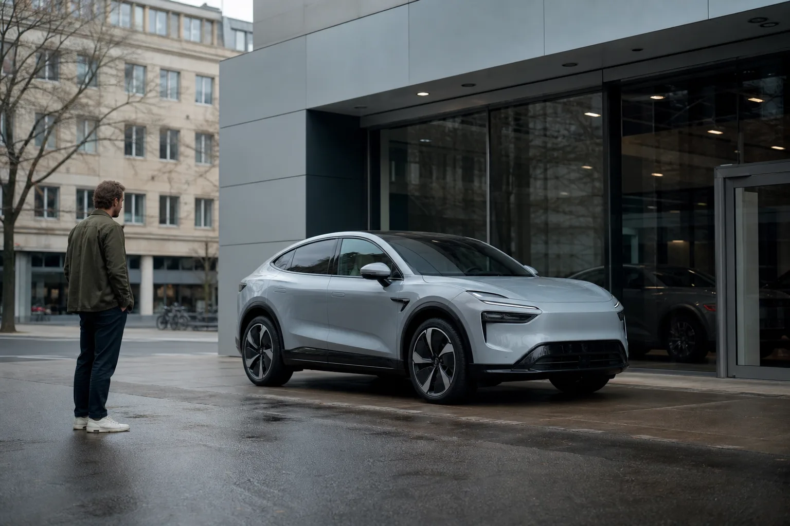 Interessierte Person vor einem unmarkierten Elektroauto an einem neutralen Autohaus