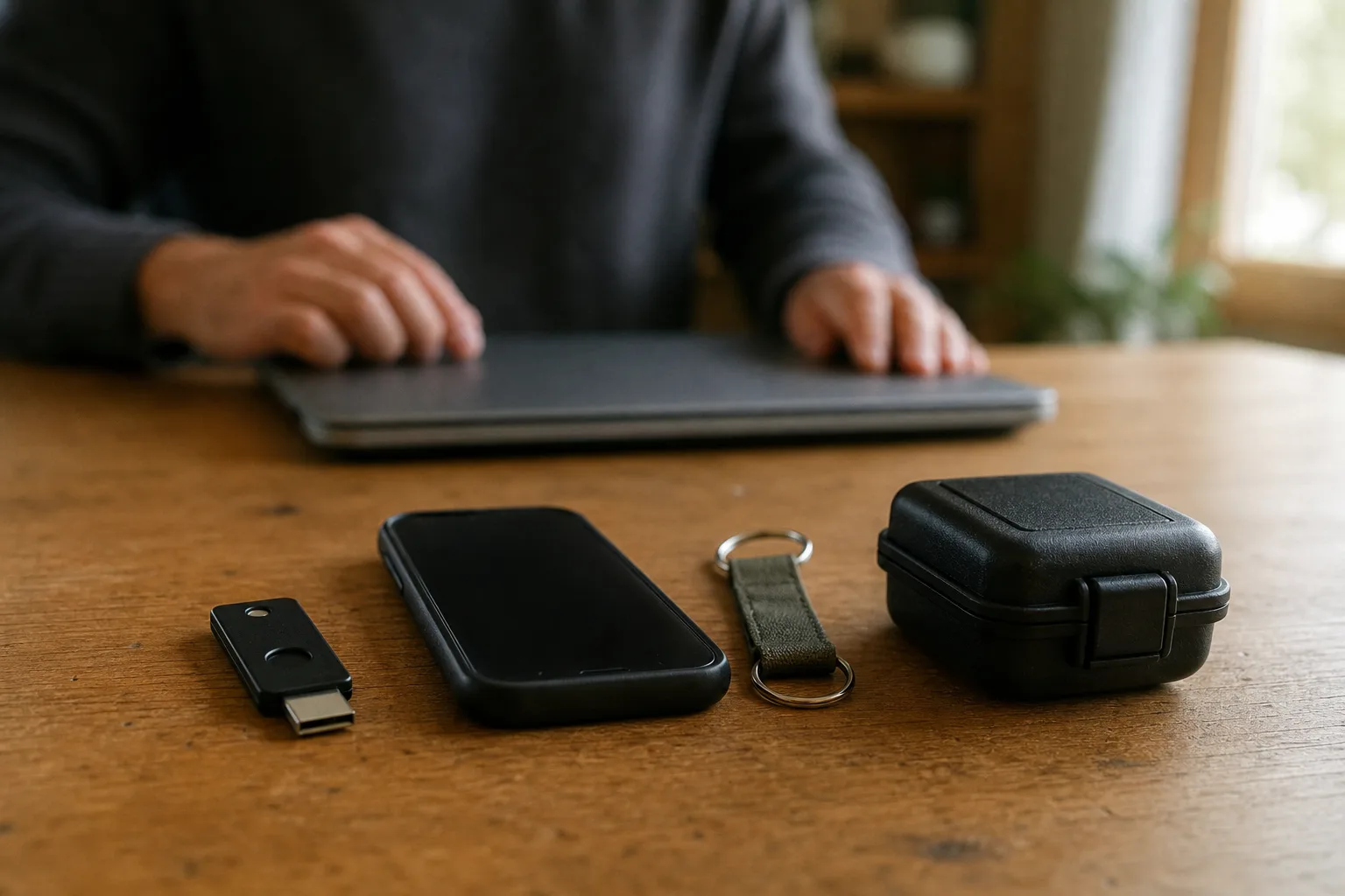 Unmarkierter Hardware-Sicherheitsschlüssel, ausgeschaltetes Smartphone und Aufbewahrungsbehälter auf einem Arbeitstisch