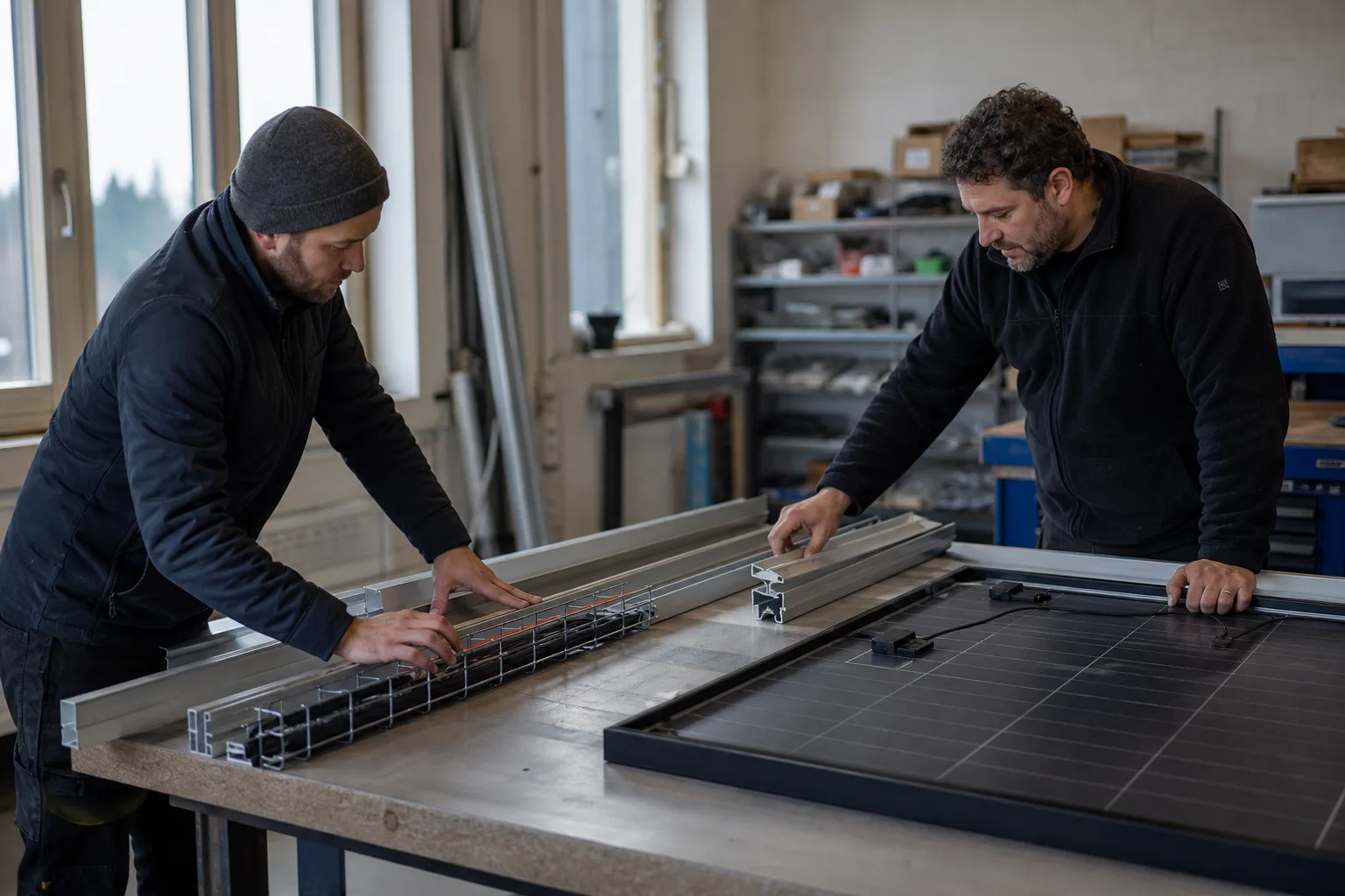 Zwei Solartechnik-Fachkräfte prüfen unmarkierte Montageschienen und ein Solarmodul auf einem Werkstatttisch