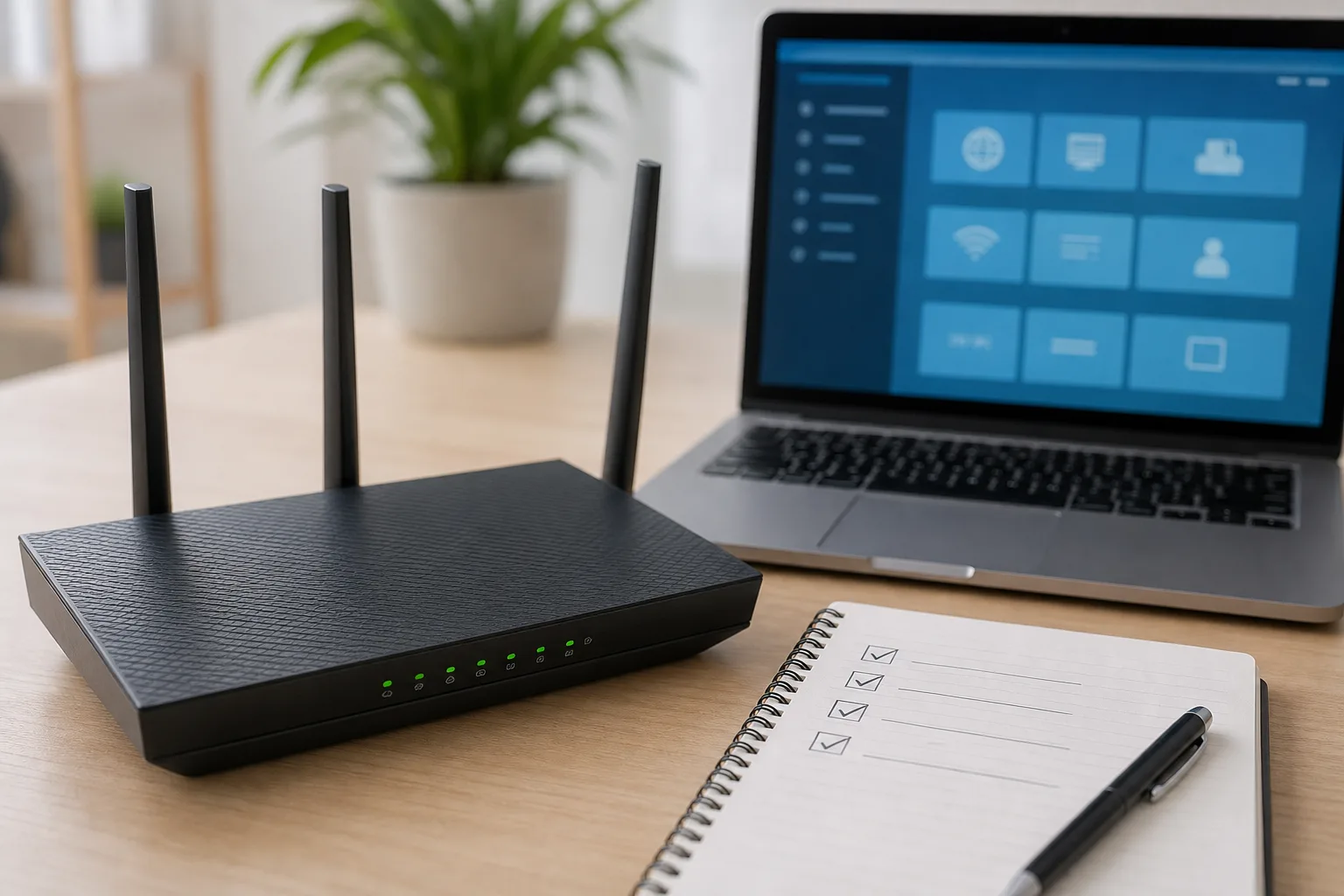 Router, Laptop und Checkliste für Smart-Home-Sicherheitsprüfungen