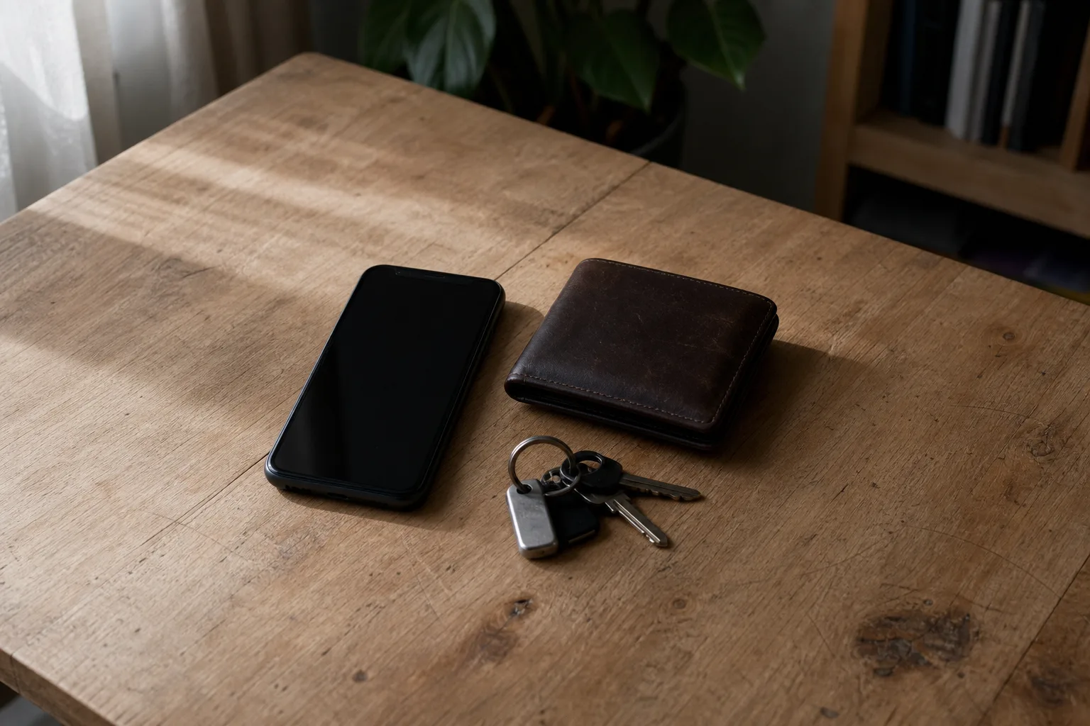 Ein Smartphone mit schwarzem Bildschirm liegt neben einem geschlossenen Portemonnaie und einem Schlüsselbund auf einem Holztisch.