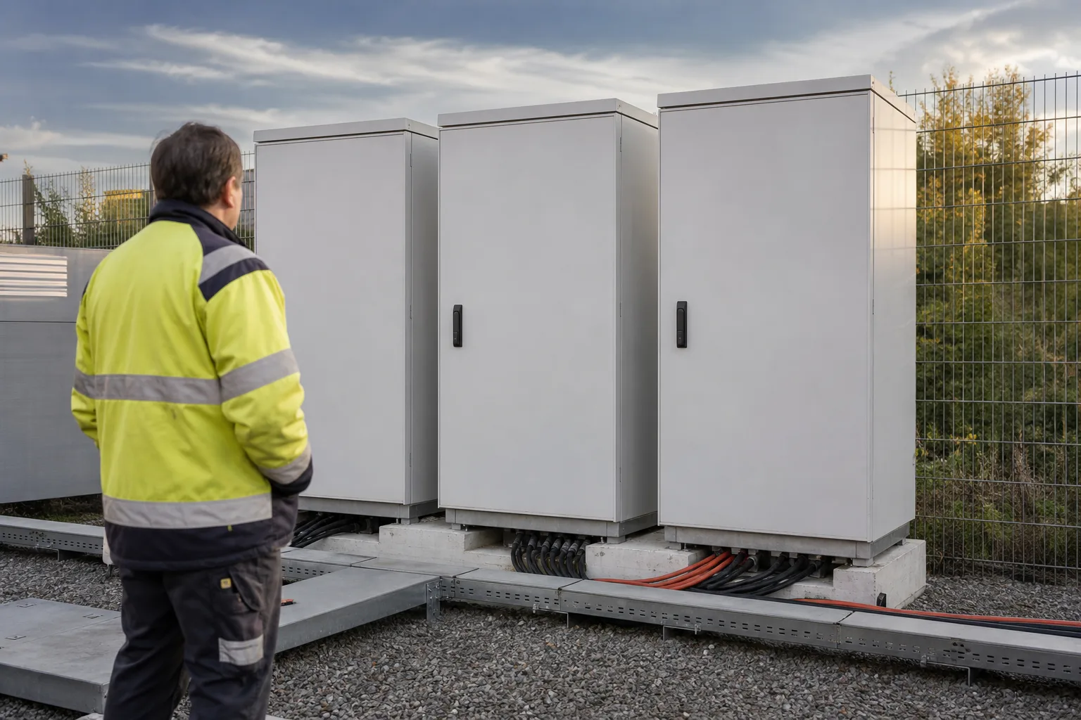 Ein Netztechniker steht neben drei unmarkierten Energiespeicherschränken in einer technischen Außenanlage