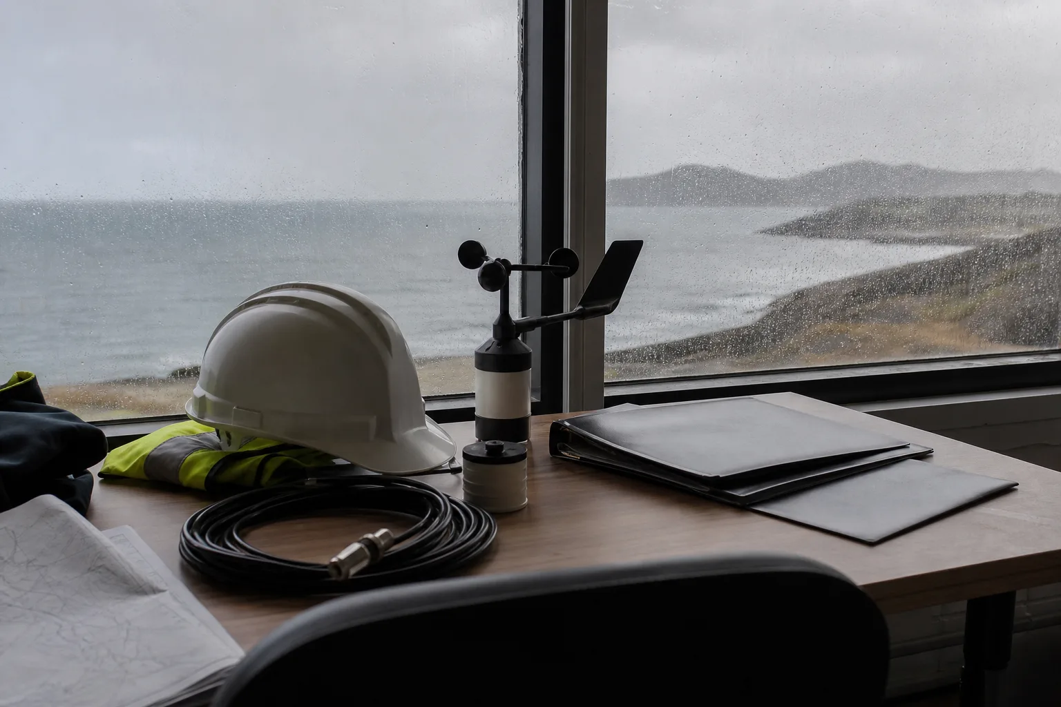 Auf einem Tisch liegen ein unbeschrifteter Schutzhelm, ein aufgerolltes Kabelmuster und ein Messgerät vor einem Fenster zur leeren Küste.