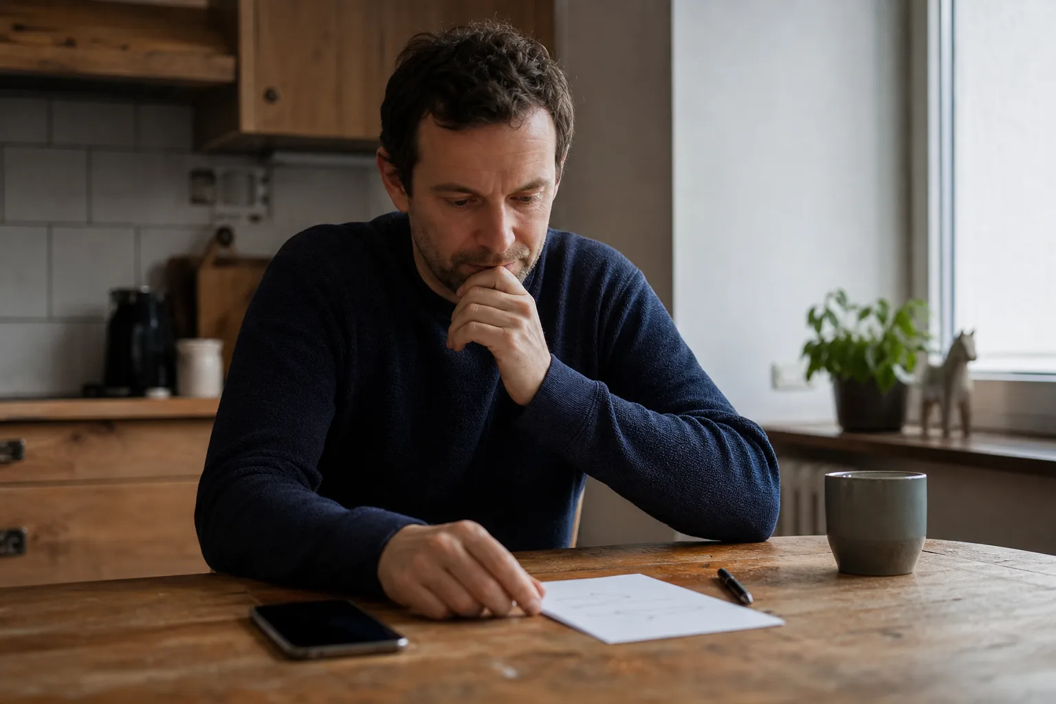 Person wägt am Küchentisch mit Smartphone und neutralem Notizblatt eine Entscheidung ab.