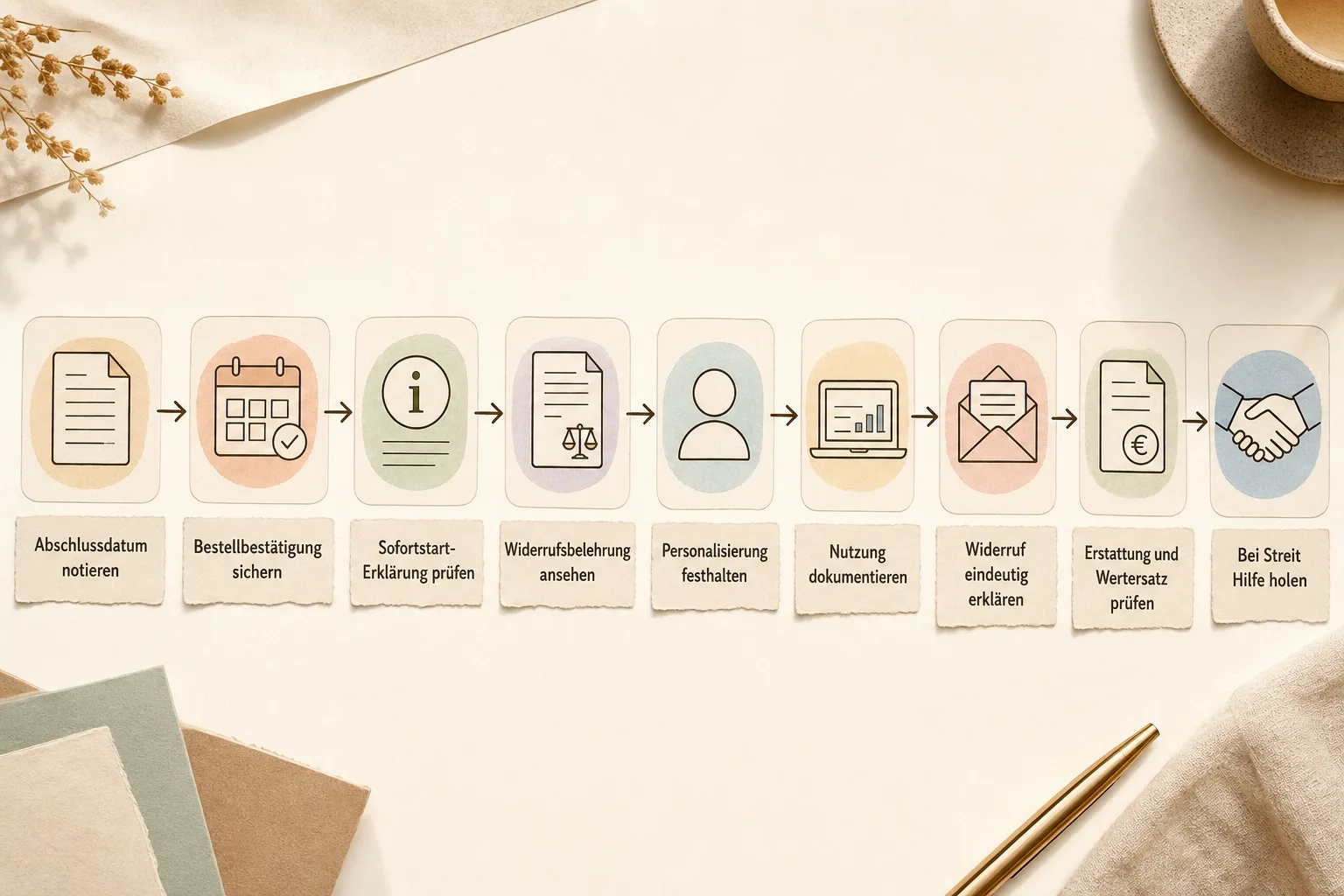 Prozessgrafik mit Prüfschritten zu Abschlussdatum, Sofortstart, Widerrufsbelehrung, Personalisierung, Nutzung und Wertersatz