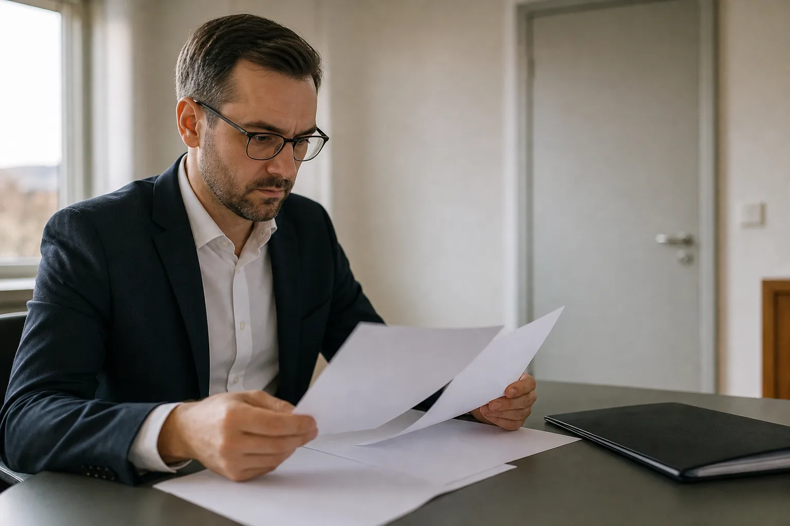 Eine Juristin prüft an einem neutralen Tisch leere unbeschriftete Papierseiten neben einem geschlossenen Ordner