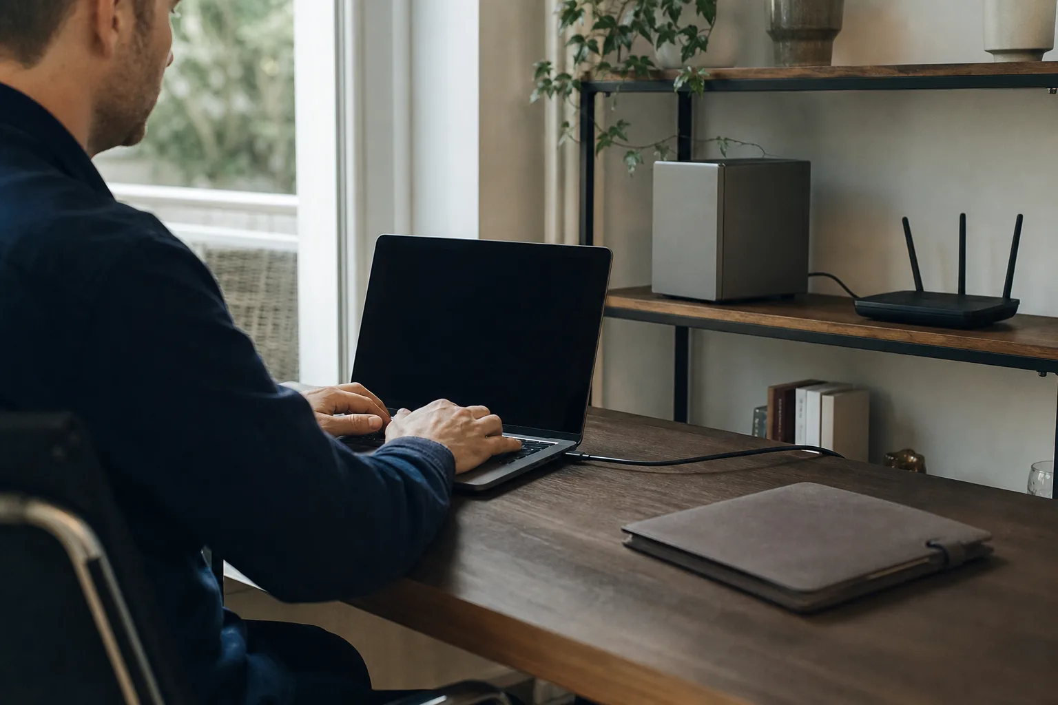 Eine Person arbeitet in einem Homeoffice an einem neutralen Laptop; daneben steht ein kleines unbeschriftetes Rechnergehäuse auf einem Regal.