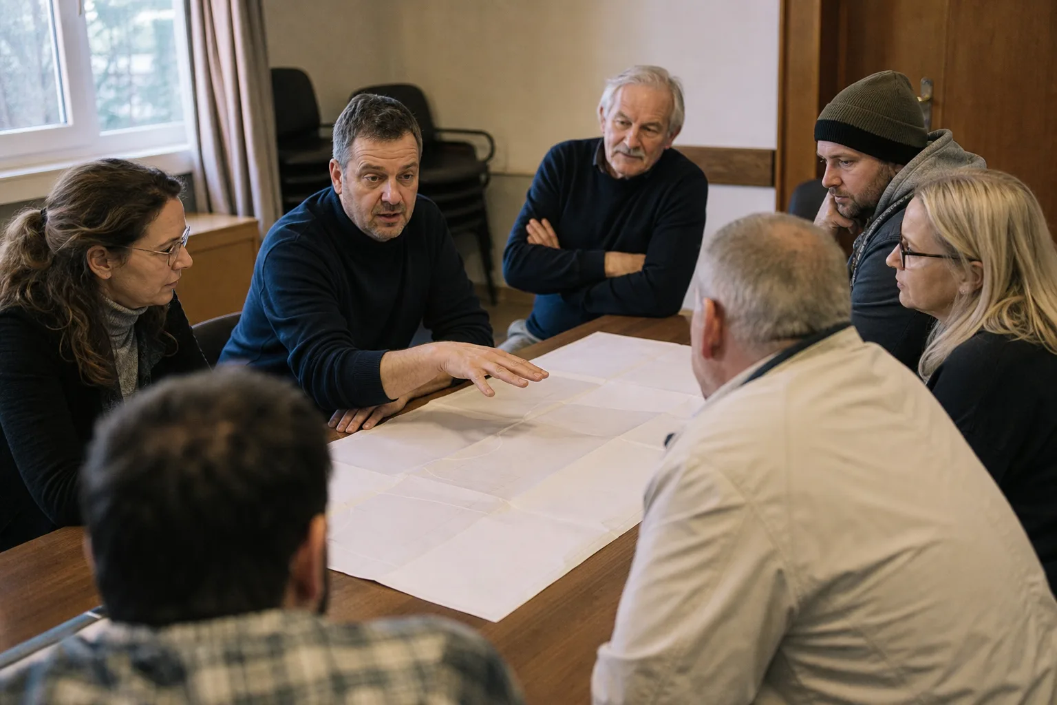 Menschen besprechen in einem Gemeindehaus einen unbeschrifteten Lageplan an einem Tisch