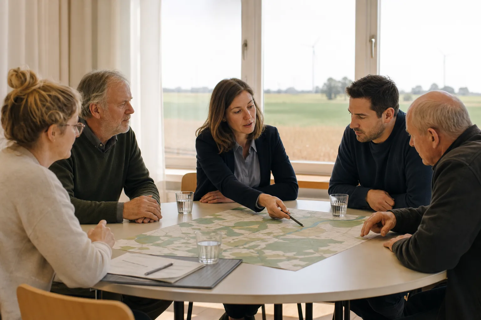 Anwohner und Planungsfachleute besprechen eine Karte in einem kommunalen Besprechungsraum