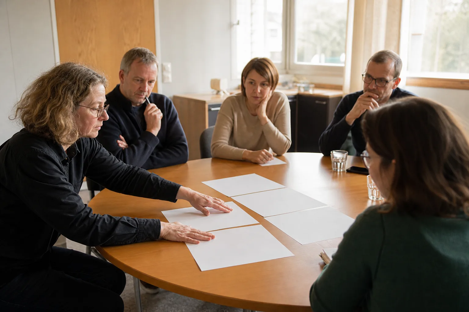Erwachsene Gesprächsgruppe betrachtet leere Dokumentblätter an einem runden Tisch in einem kommunalen Raum
