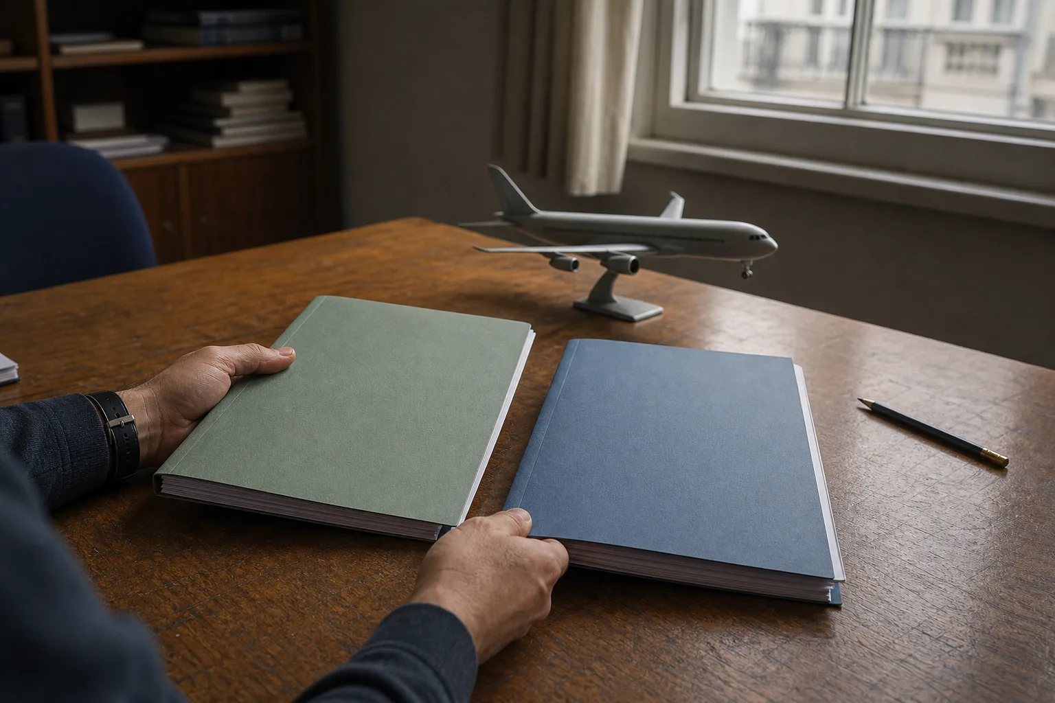 Hände vergleichen zwei getrennte unbeschriftete Dokumentenmappen neben einem kleinen Flugzeugmodell auf einem Holzschreibtisch.