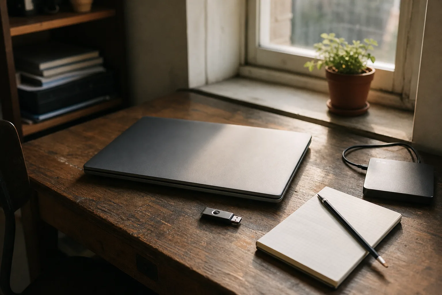 Neutraler IT-Arbeitsplatz mit geschlossenem Laptop, externem Laufwerk und Notizbuch nach einer Wartungsroutine.