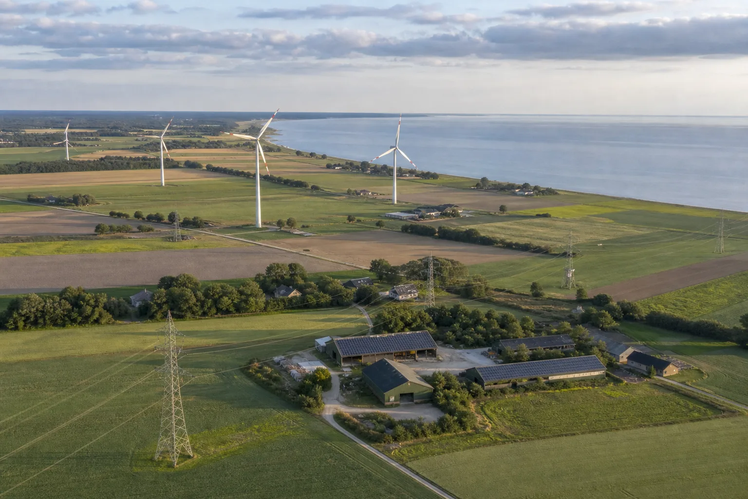 Luftbild eines Küstenhinterlands mit Windpark, Solardächern und Hochspannungsleitung.