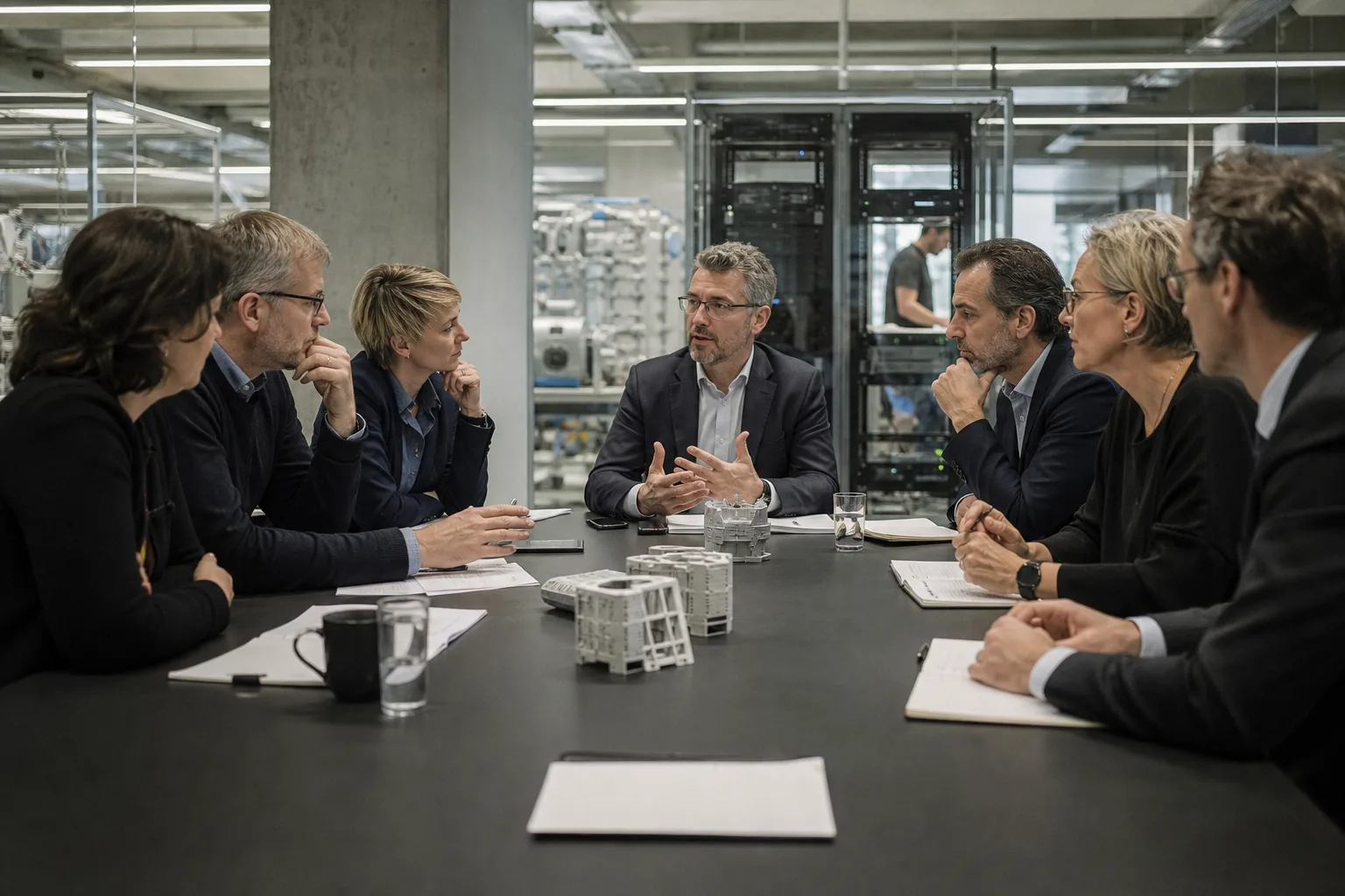 Menschen aus Mittelstand, Forschung und Politik verhandeln in einem europäischen Innovationszentrum über KI-Investitionen.