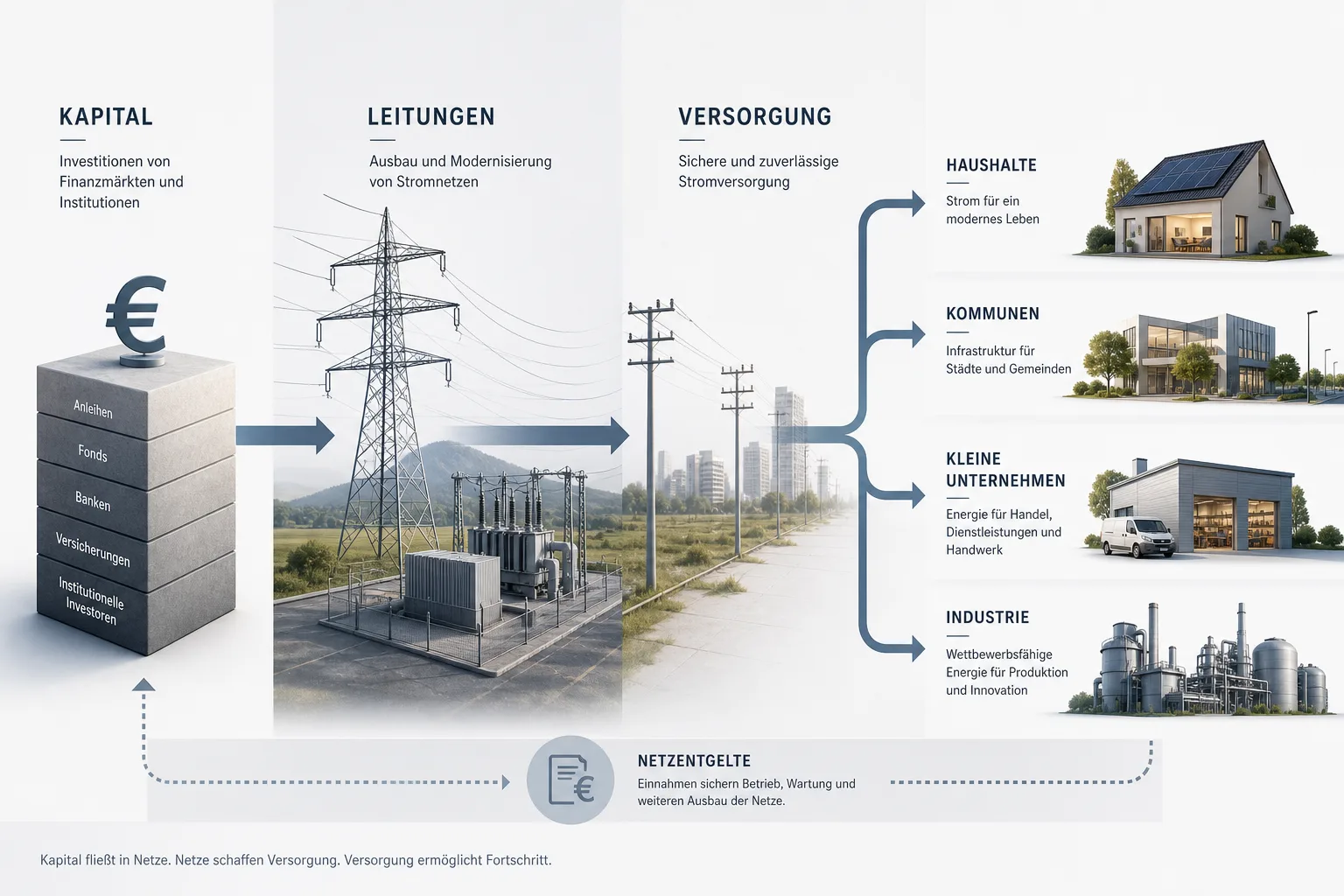 Infografik zur Finanzierung des Stromnetzausbaus und zu betroffenen Nutzergruppen