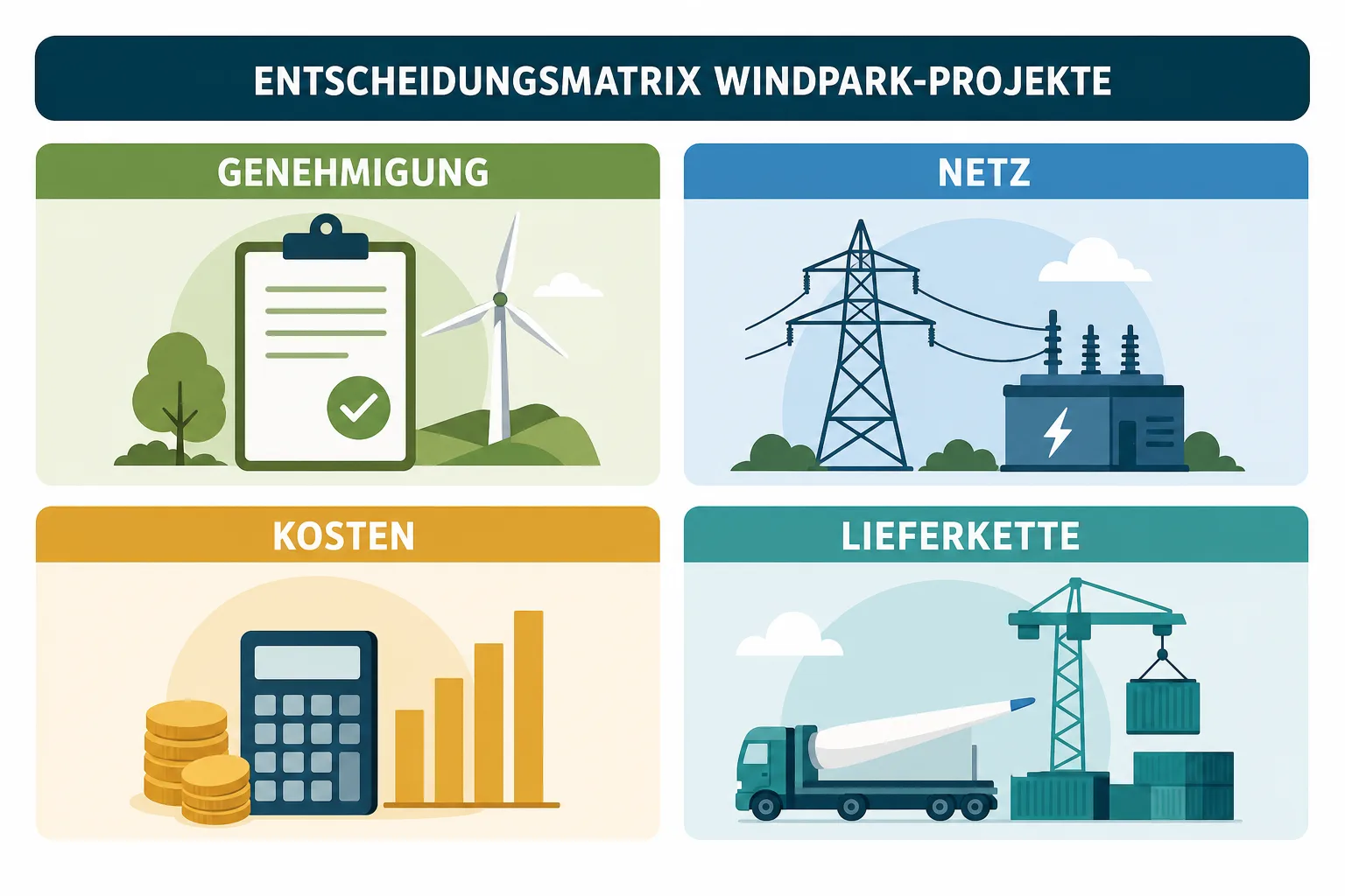 Entscheidungsmatrix für Windpark-Projekte mit Genehmigung, Netz, Kosten und Lieferkette