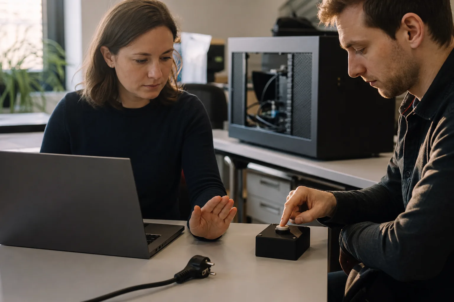 Zwei IT-Fachleute prüfen gemeinsam eine externe Aktion, bevor eine Person sie an einem separaten Hardware-Bestätiger freigibt.