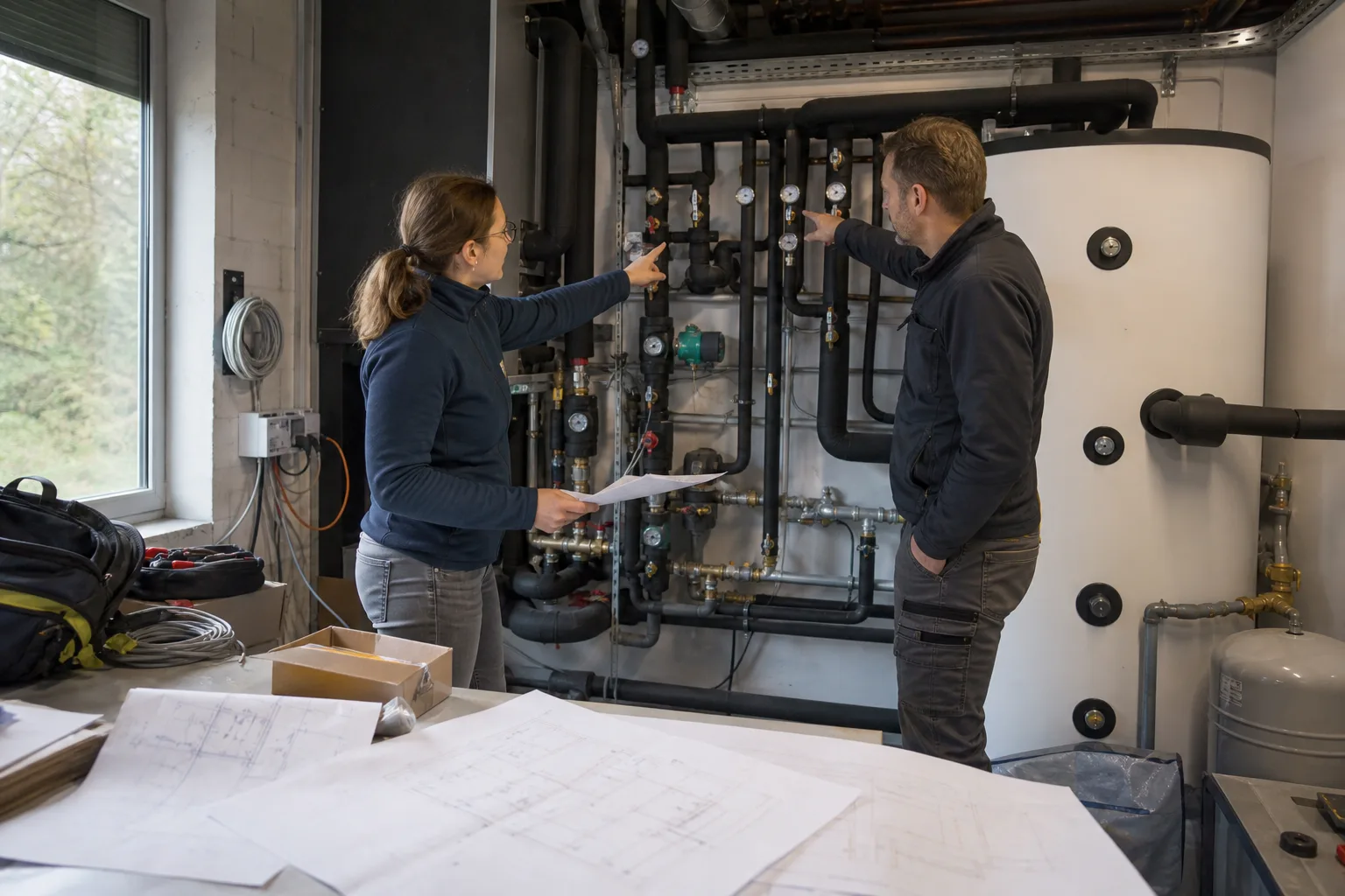 Zwei Fachleute besprechen an einer neutralen Gebäudetechnikinstallation Rohre, Speicheranschluss und Regelung.