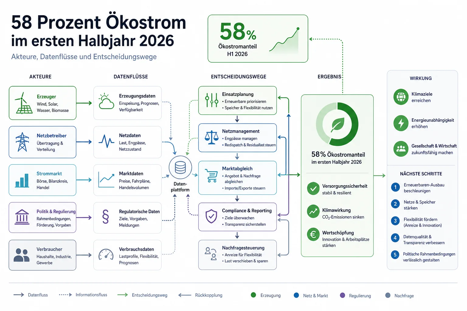 58 Prozent Ökostrom im ersten Halbjahr 2026: Überblick über Akteure und Zusammenhänge.