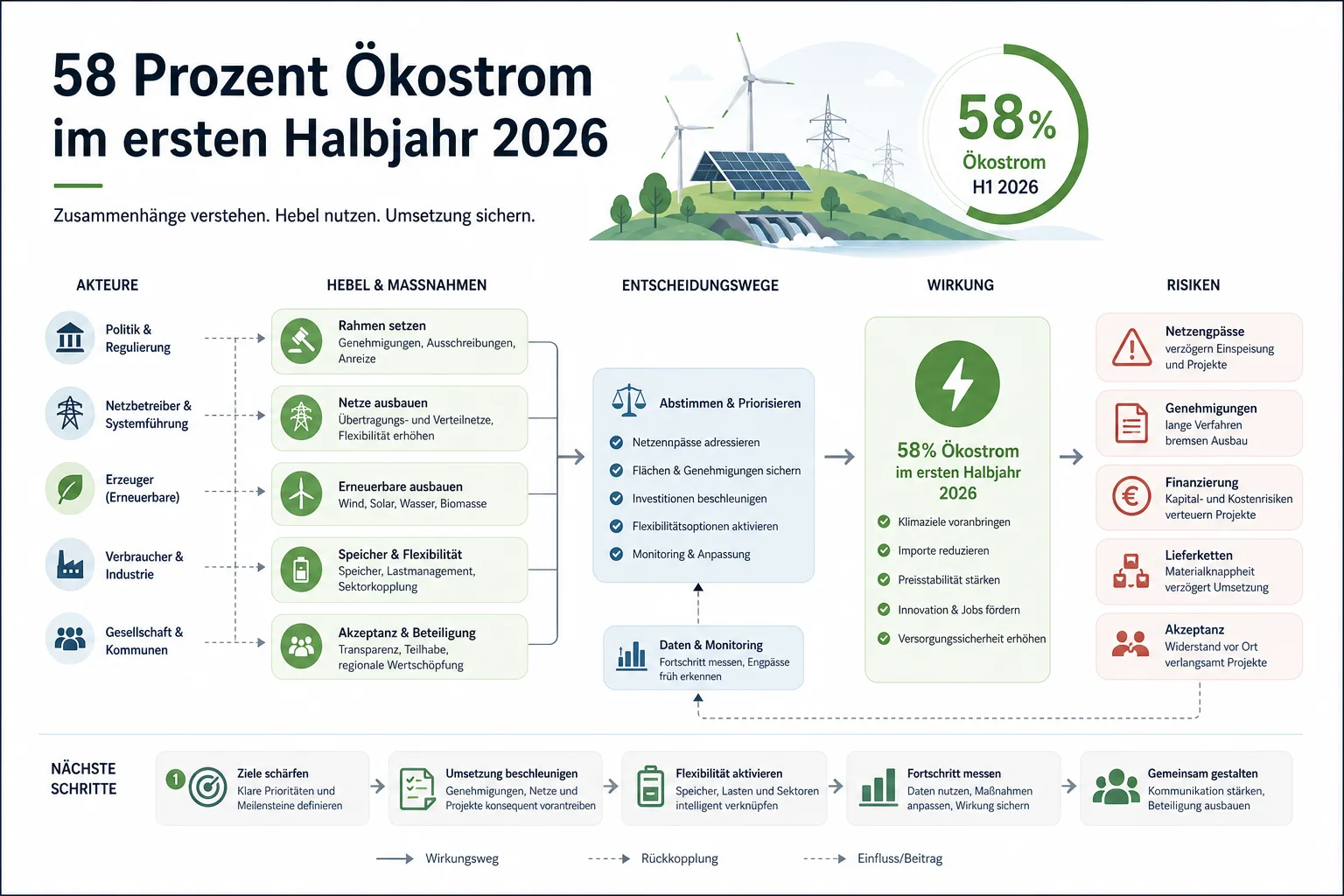 58 Prozent Ökostrom im ersten Halbjahr 2026: Praxis-Checkliste mit Risiken und nächsten Schritten.